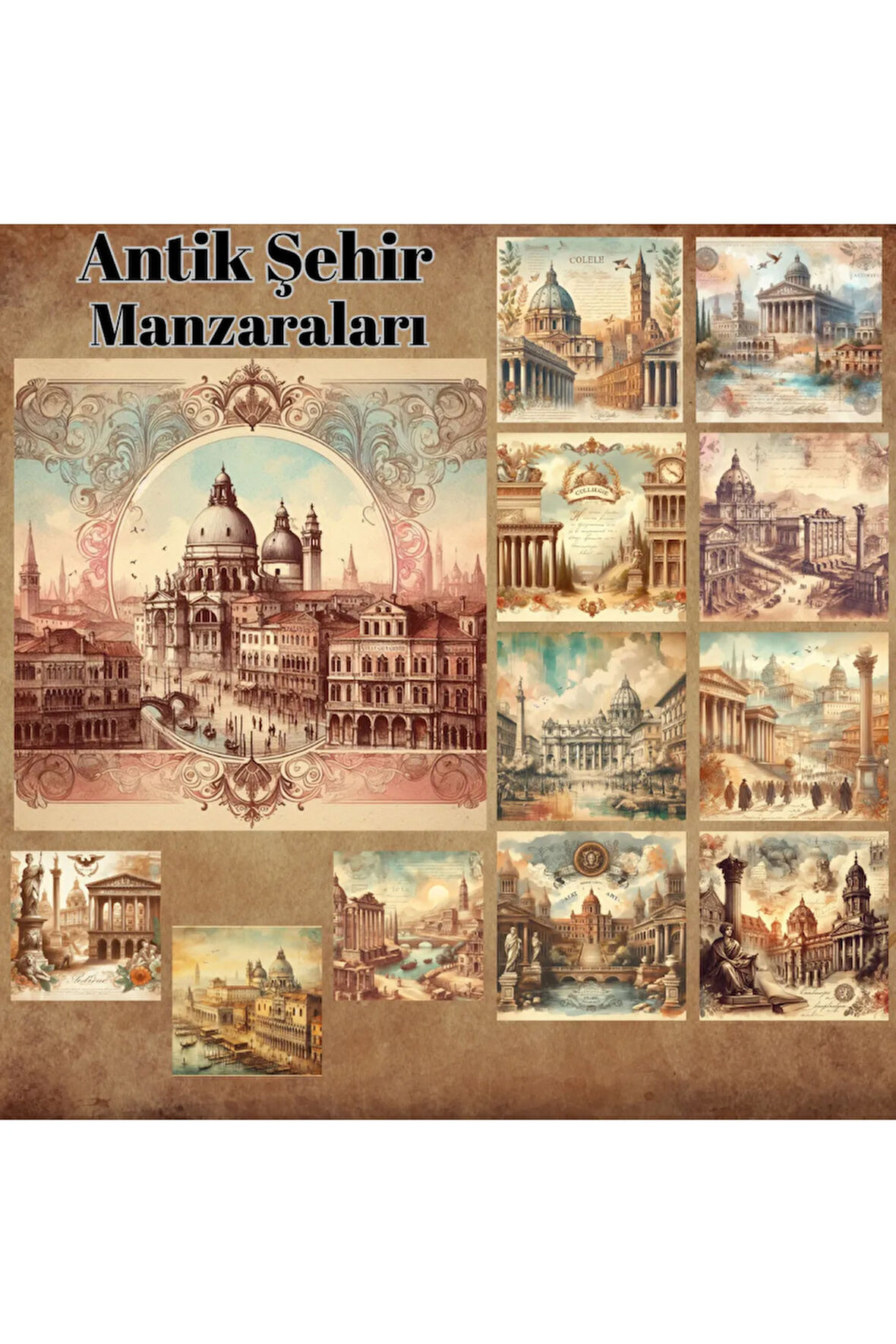 Suluboya Antik Şehir Manzaraları Vintage 12 Adet Scrapbook Bullet Journal Mat Sticker Etiket Seti