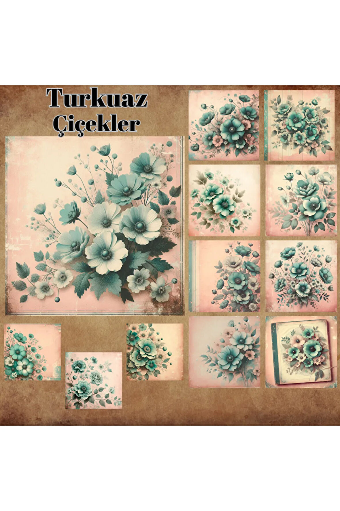 Turkuaz Çiçekler Vintage 12 Adet Scrapbook Bullet Journal Mat Planlayıcı Sticker Etiket Seti
