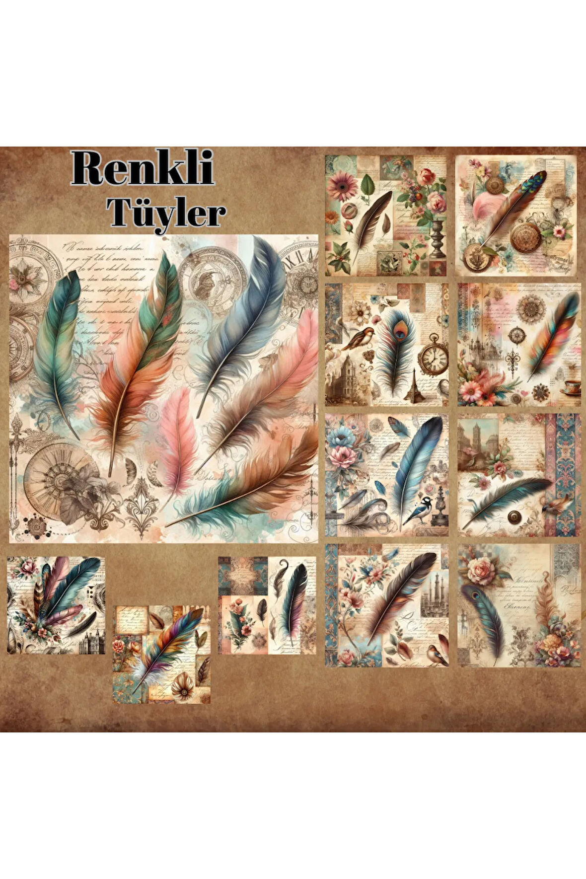 Renkli Tüyler Temalı Vintage 12 Adet Scrapbook Bullet Journal Mat Planlayıcı Sticker Etiket Seti