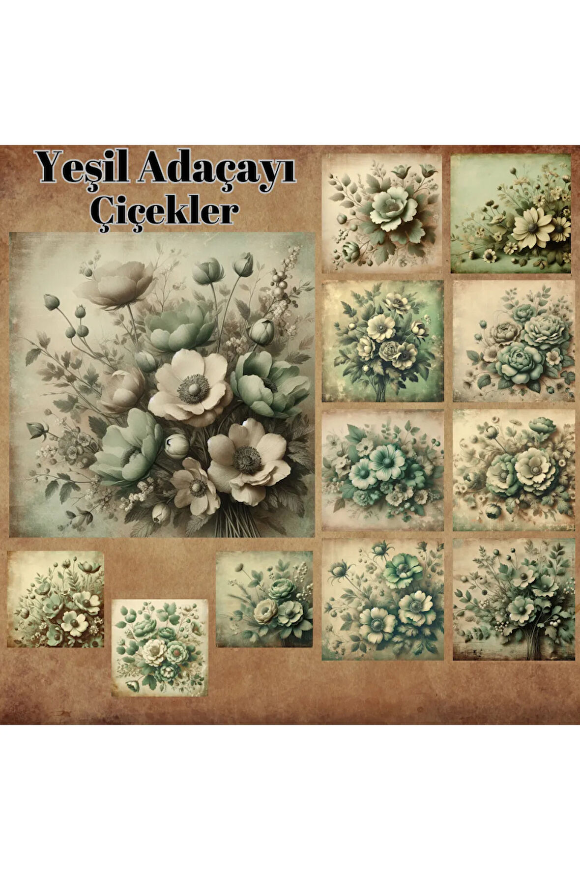 Yeşil Adaçayı Temalı Vintage 12 Adet Scrapbook Bullet Journal Mat Planlayıcı Sticker Etiket Seti