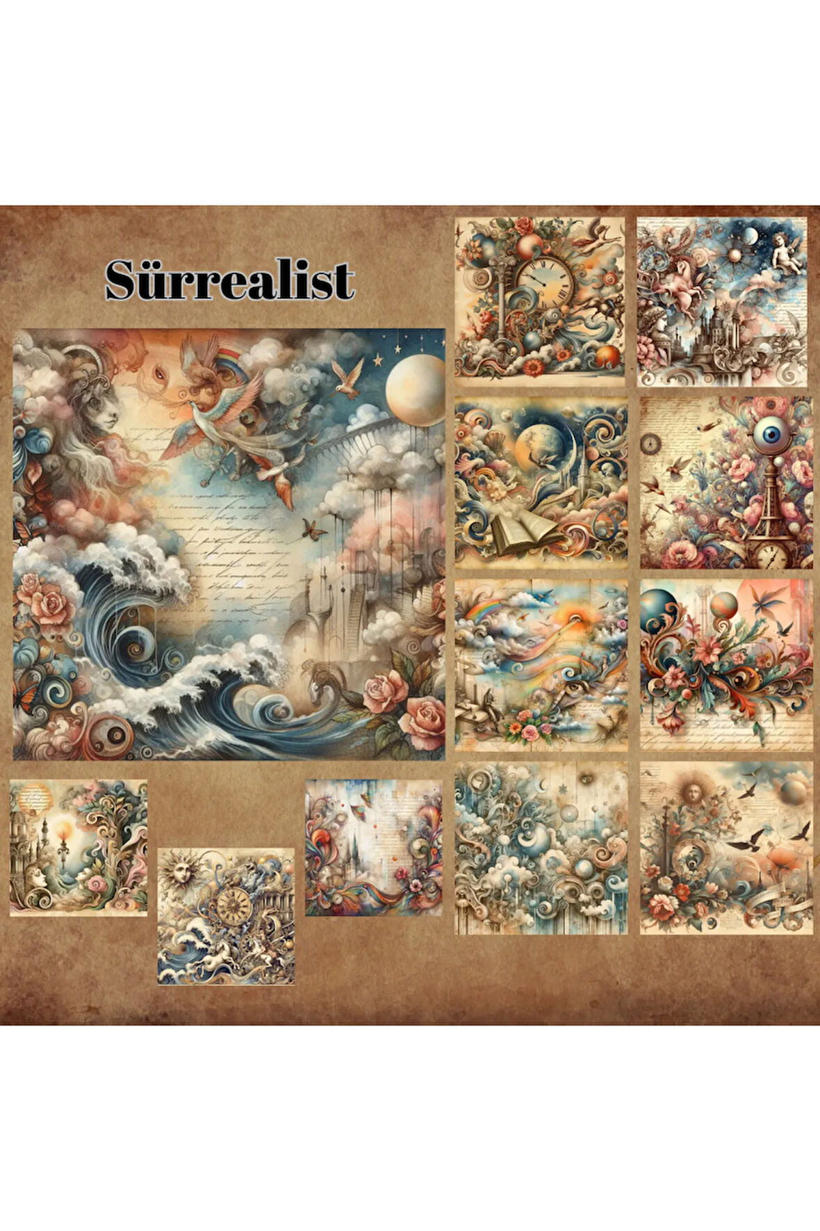 Sürrealist Tablo Vintage 12 Adet Scrapbook Bullet Journal Mat Planlayıcı Sticker Etiket Seti