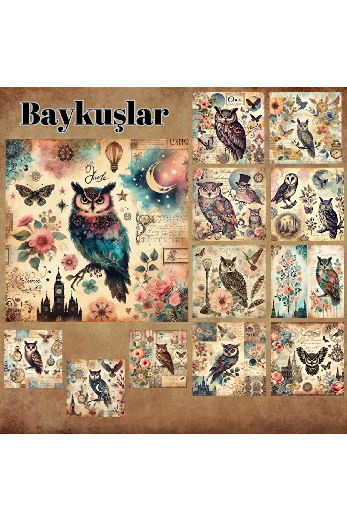 Baykuşlar Vintage 12 Adet Scrapbook Bullet Journal Mat Planlayıcı Sticker Etiket Seti