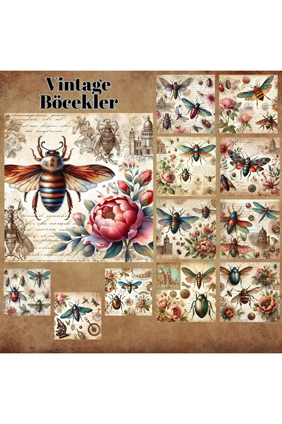 Böcekler Vintage 12 Adet Scrapbook Bullet Journal Mat Planlayıcı Sticker Etiket Seti