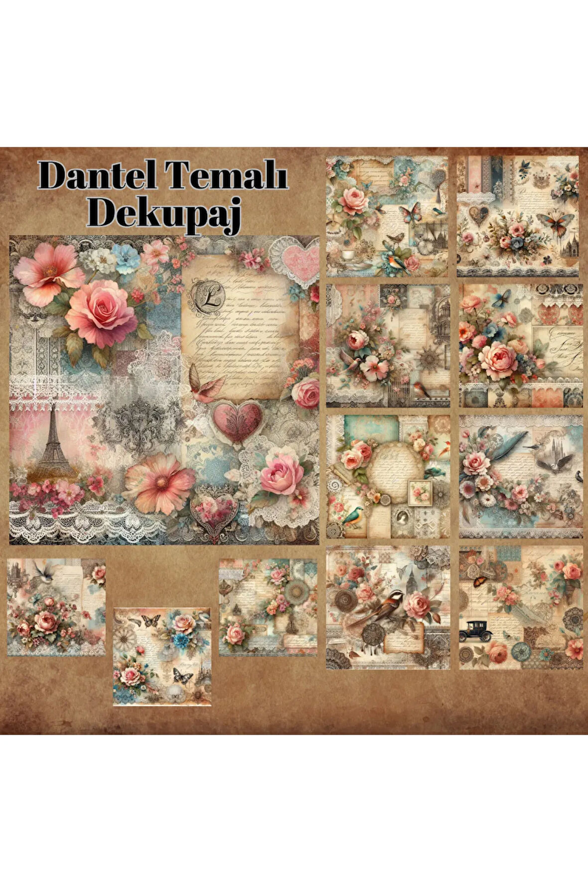 Dantelli Dekupaj Vintage 12 Adet Scrapbook Bullet Journal Mat Planlayıcı Sticker Etiket Seti