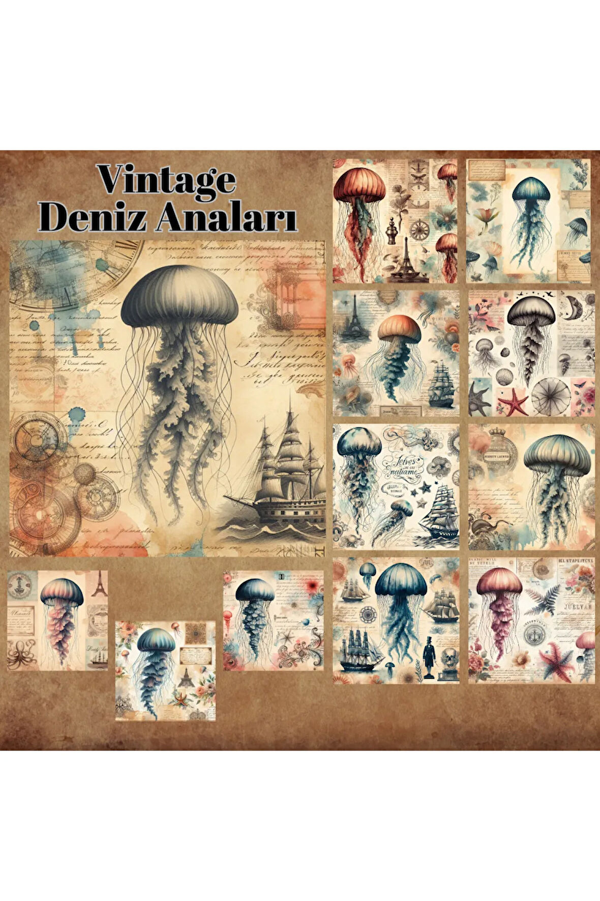 Deniz Anaları Vintage 12 Adet Scrapbook Bullet Journal Mat Planlayıcı Sticker Etiket Seti