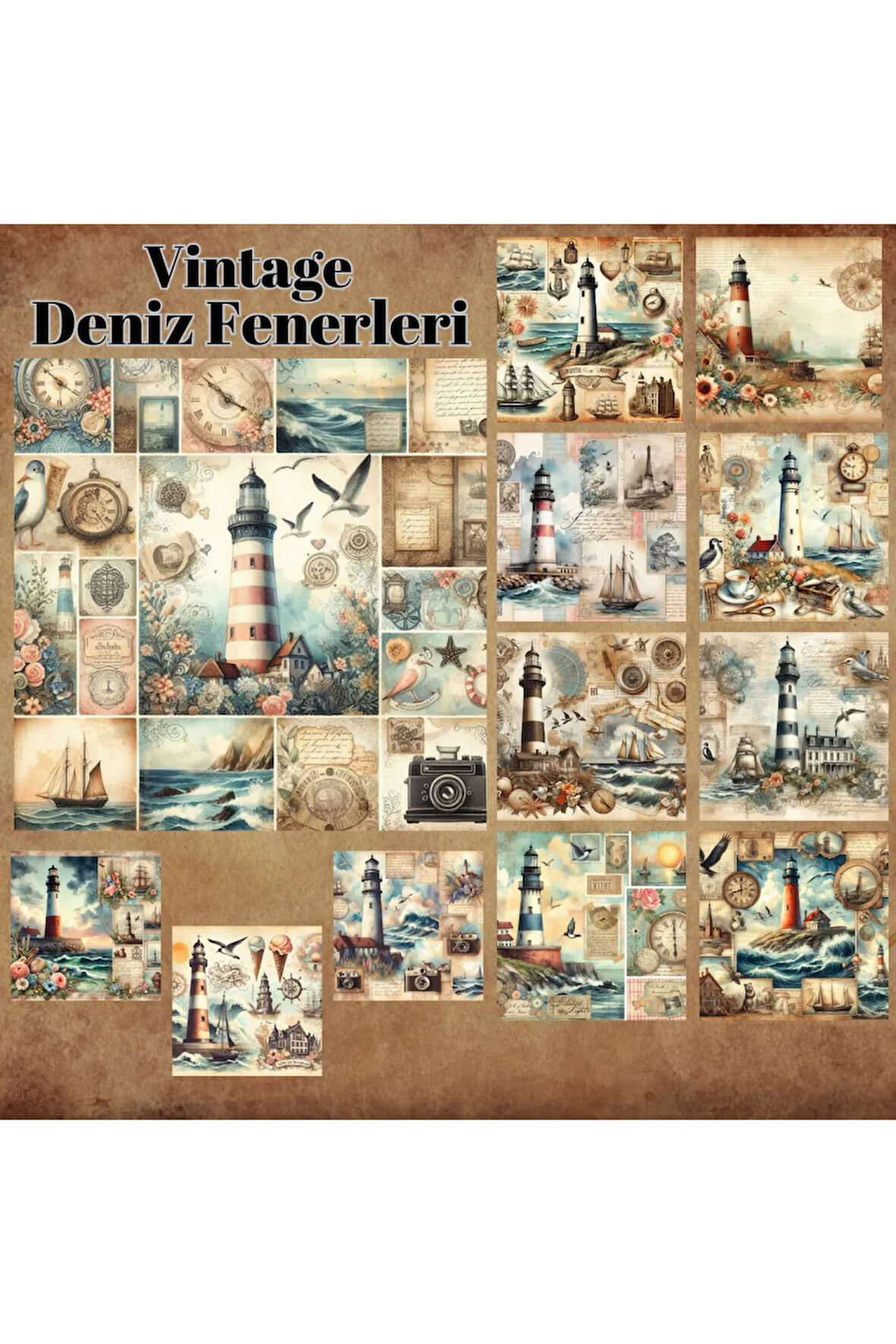 Deniz Fenerleri Vintage 12 Adet Scrapbook Bullet Journal Mat Planlayıcı Sticker Etiket Seti