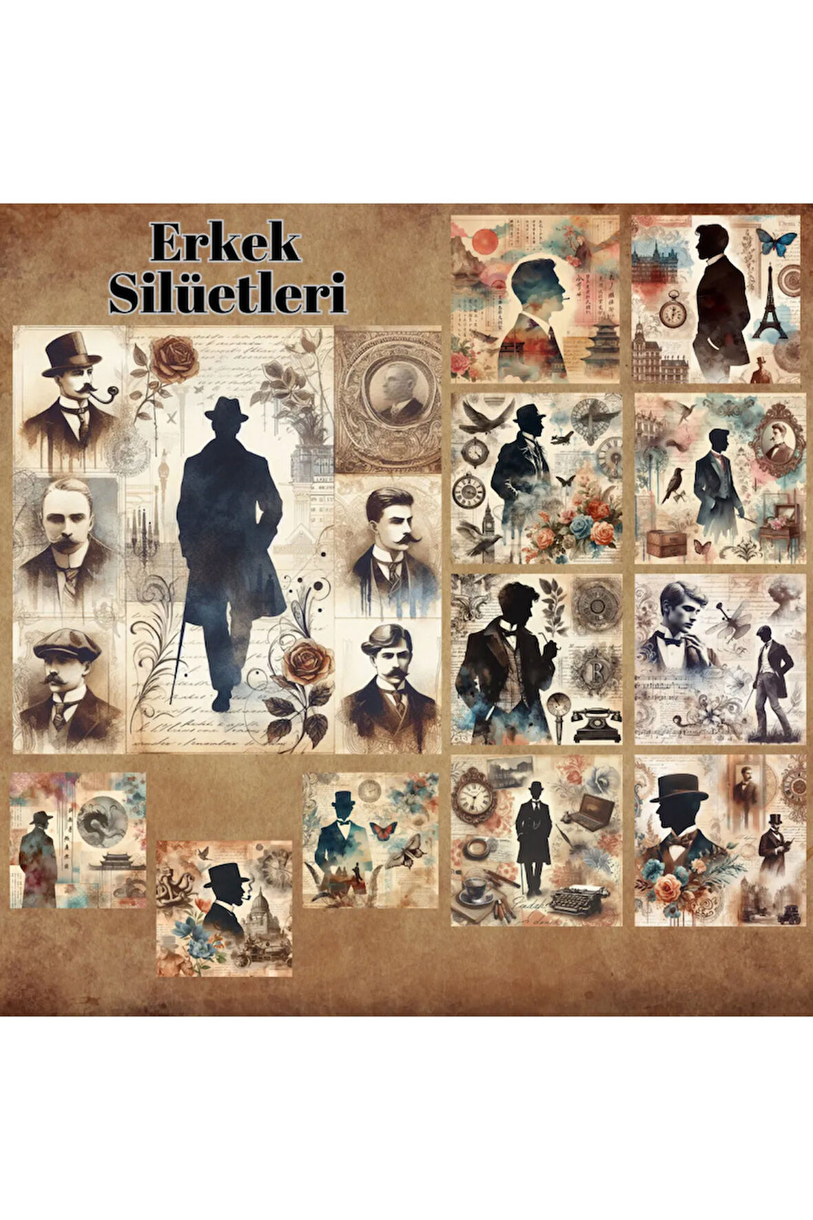 Erkek Silüetleri Vintage 12 Adet Scrapbook Bullet Journal Mat Planlayıcı Sticker Etiket Seti