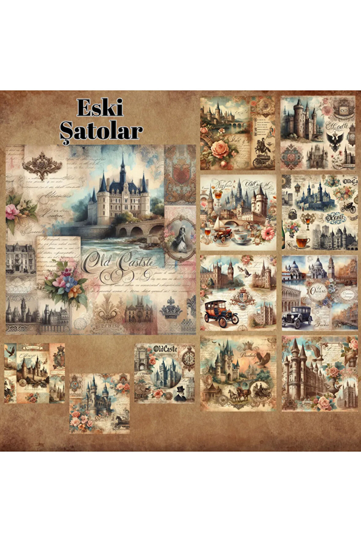 Eski Şatolar Vintage 12 Adet Scrapbook Bullet Journal Mat Planlayıcı Sticker Etiket Seti