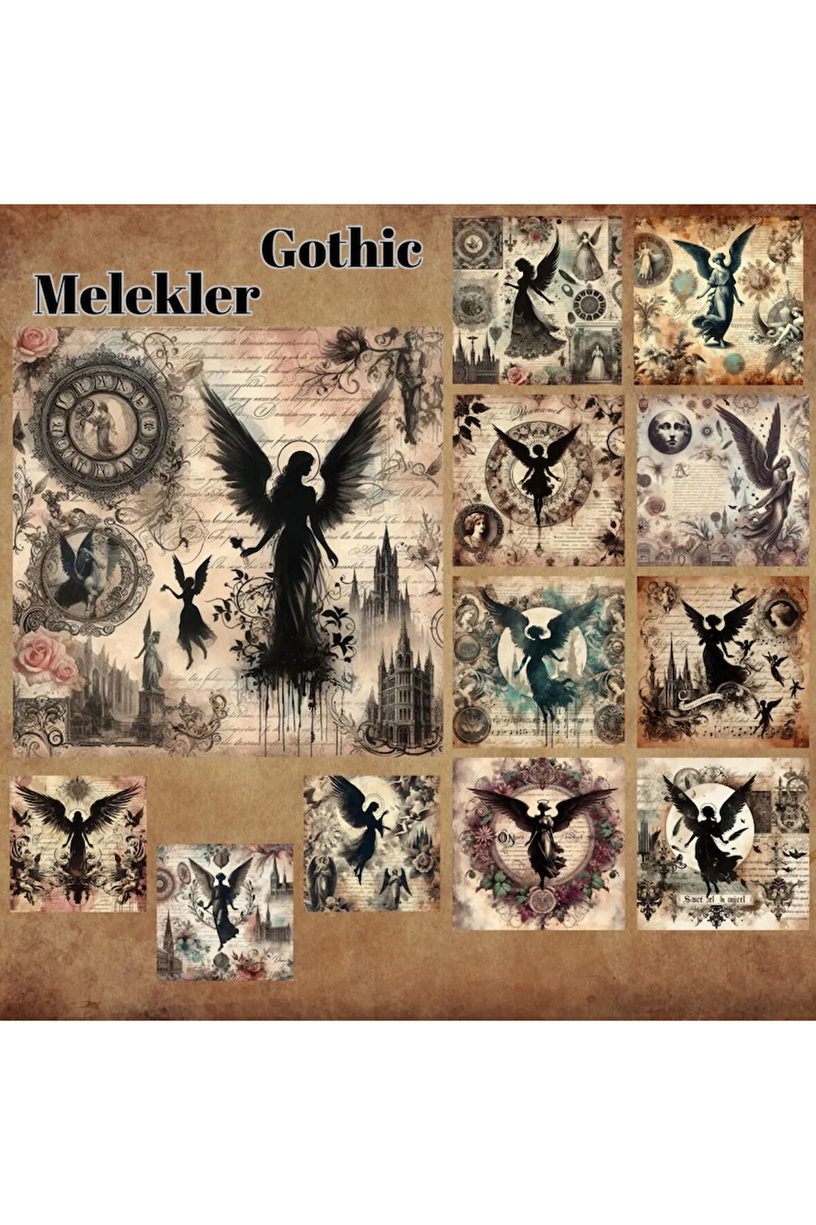 Gothic Melek Silüetleri Vintage 12 Adet Scrapbook Bullet Journal Mat Planlayıcı Sticker Etiket Seti