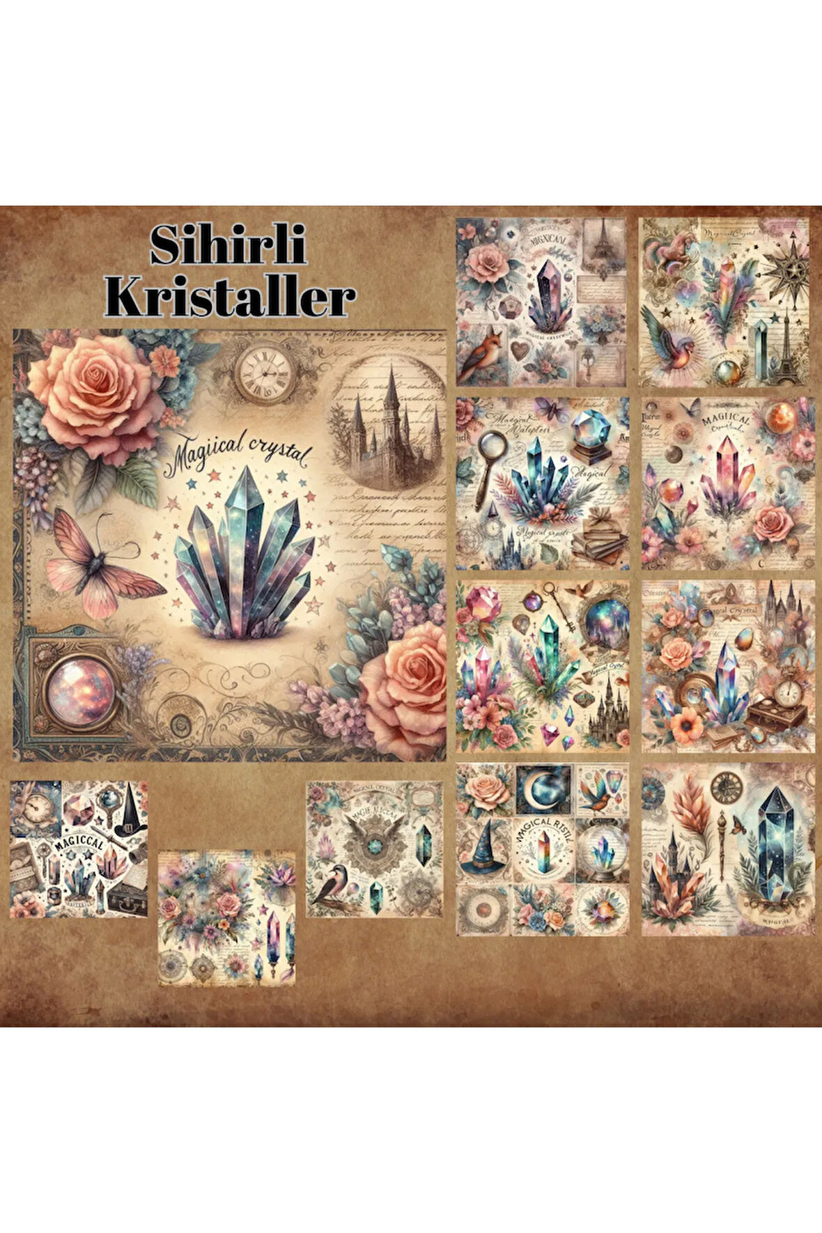 Sihirli Taşlar Kristaller Vintage 12 Adet Scrapbook Bullet Journal Mat Planlama Sticker Etiket Seti