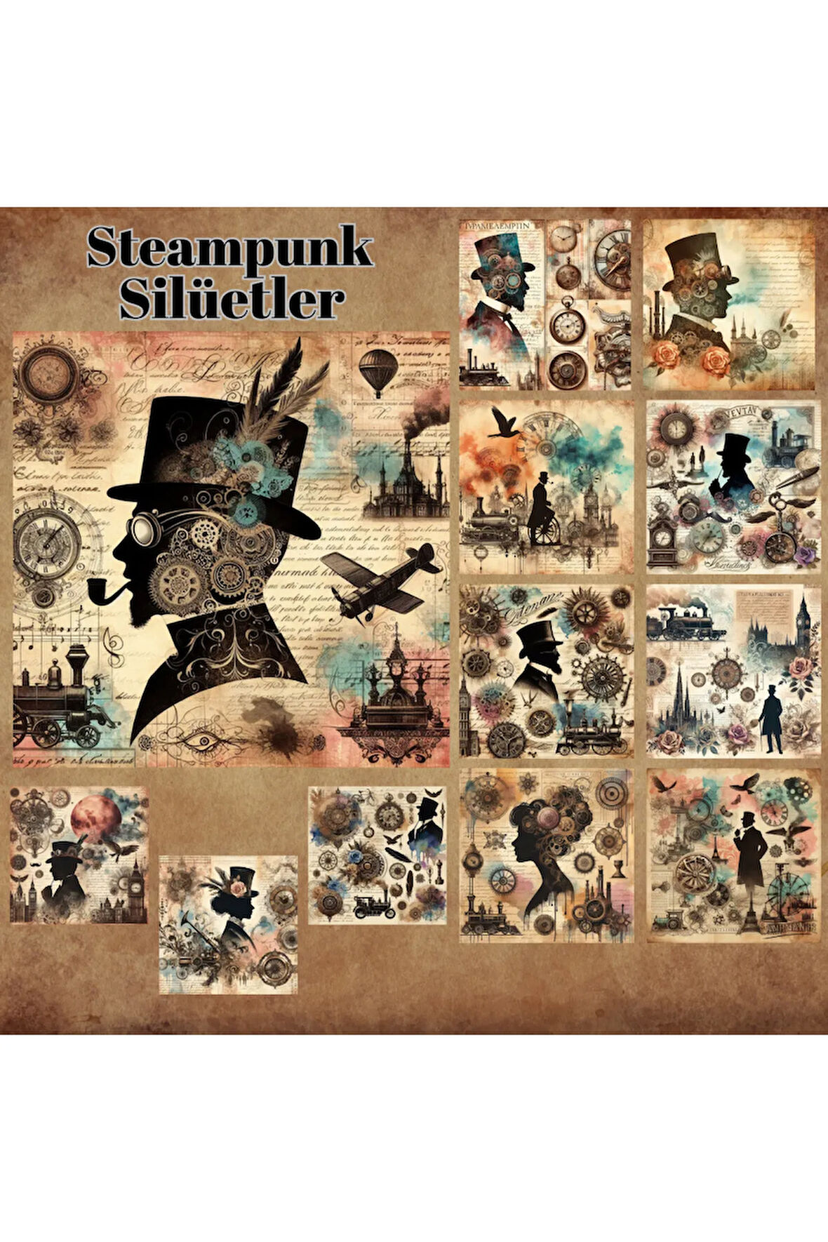 Steampunk Silüetler Vintage 12 Adet Scrapbook Bullet Journal Mat Planlayıcı Sticker Etiket Seti