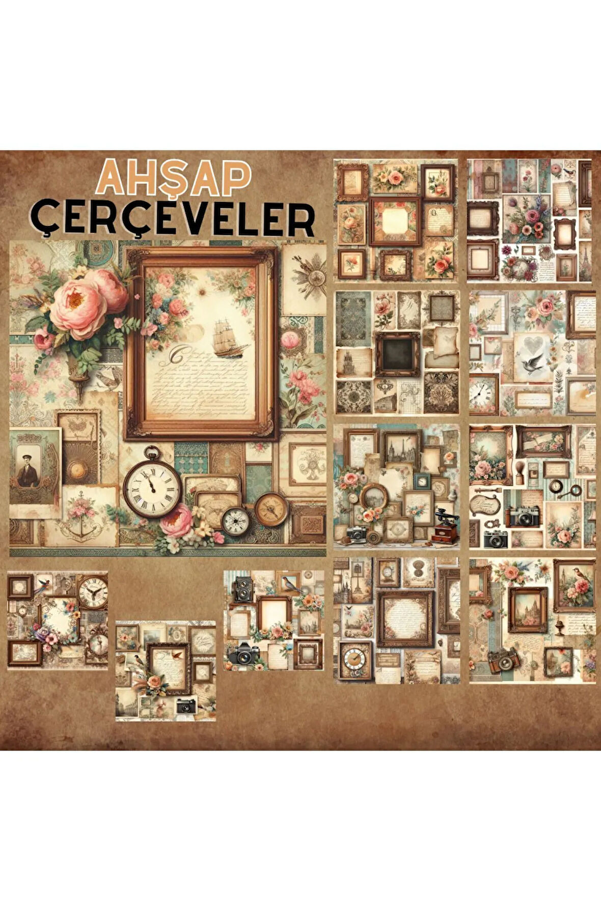 Ahşap Çerçeveler Kolaj Vintage 12 Adet Scrapbook Bullet Journal Mat Planlayıcı Sticker Etiket Seti