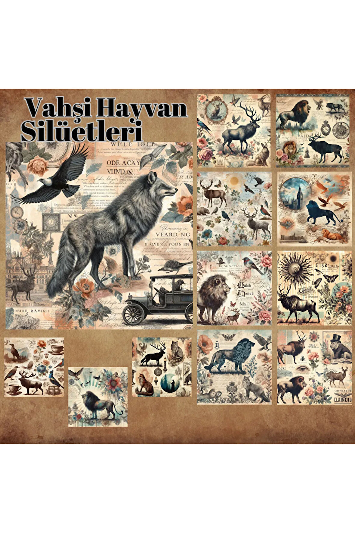 Vahşi Hayvan Silüetleri Vintage 12 Adet Scrapbook Bullet Journal Mat Planlayıcı Sticker Etiket Seti