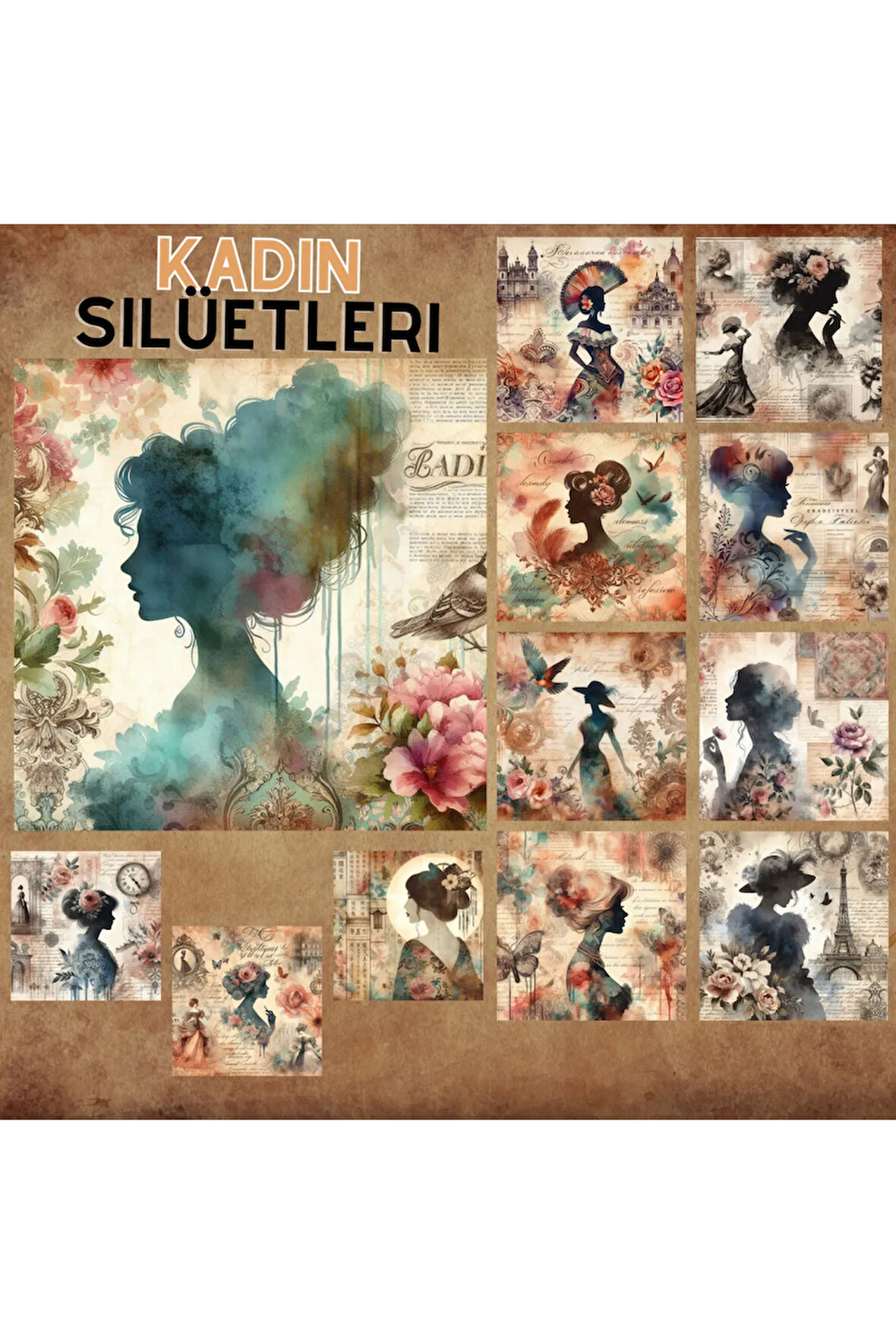 Kadın Silüetleri Vintage 12 Adet Scrapbook Bullet Journal Mat Planlayıcı Sticker Etiket Seti