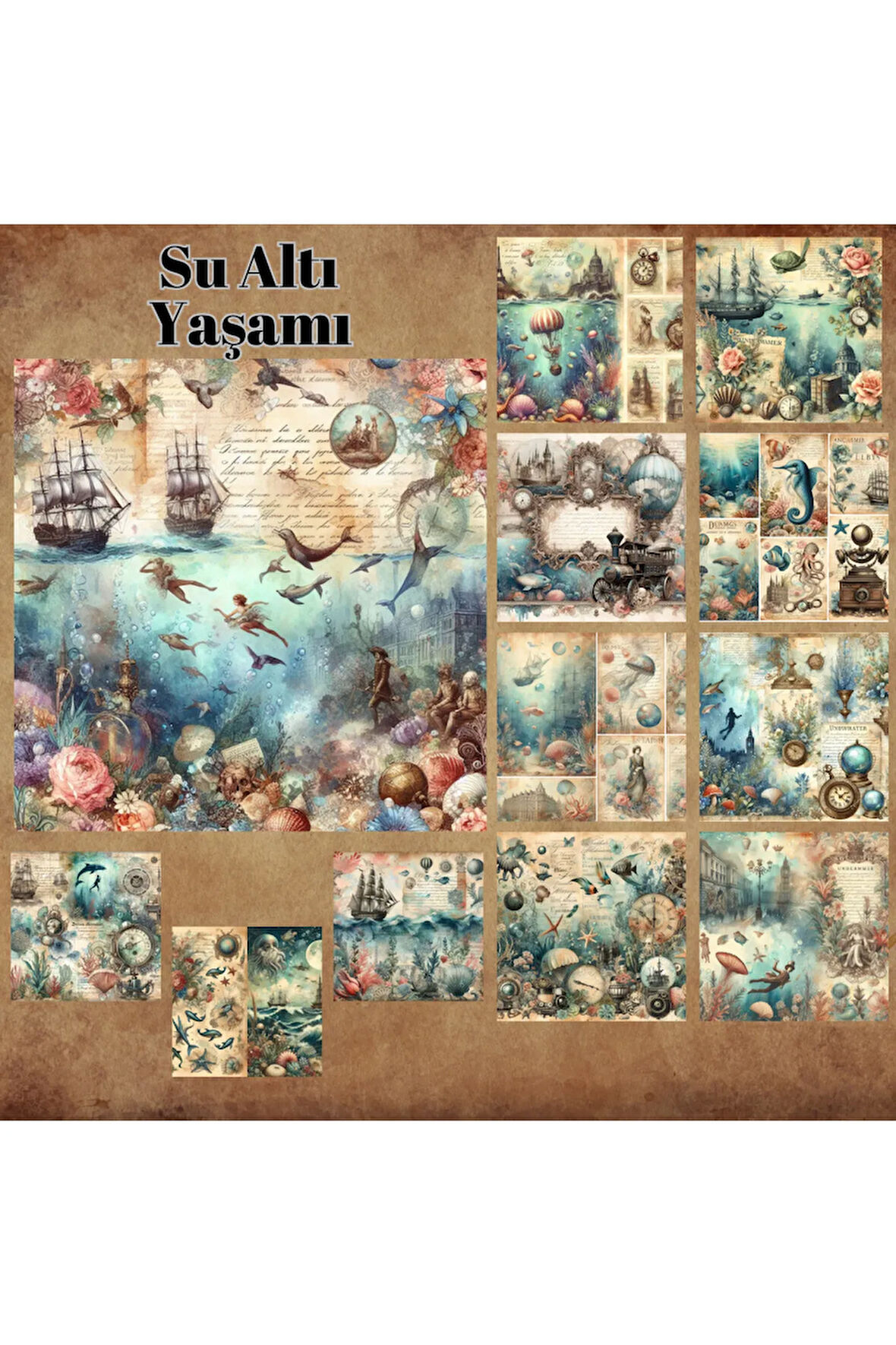 Su Altı Yaşamı Vintage 12 Adet Scrapbook Bullet Journal Mat Planlayıcı Sticker Etiket Seti