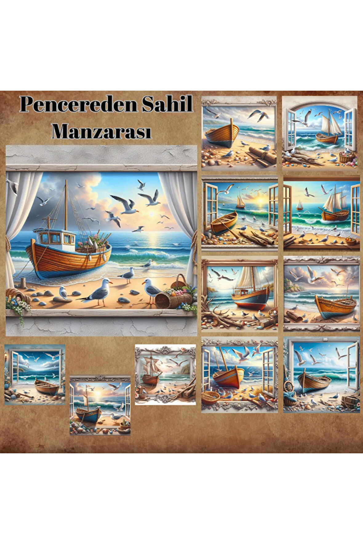 Pencereden Sahil Manzarası Vintage 12 Adet Scrapbook Bullet Journal Mat Planlayıc Sticker Etiket Set