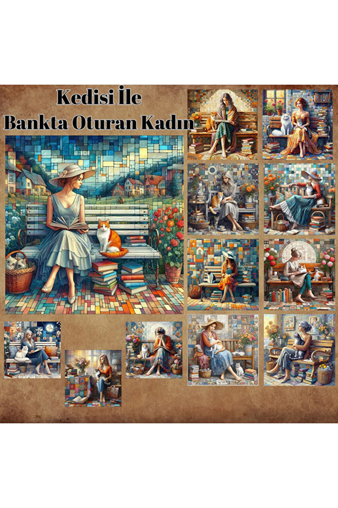 Kedisi İle Bankta Oturan Kadınlar Vintage 12 Adet Scrapbook Bullet Journal Mat Planla Sticker Etiket