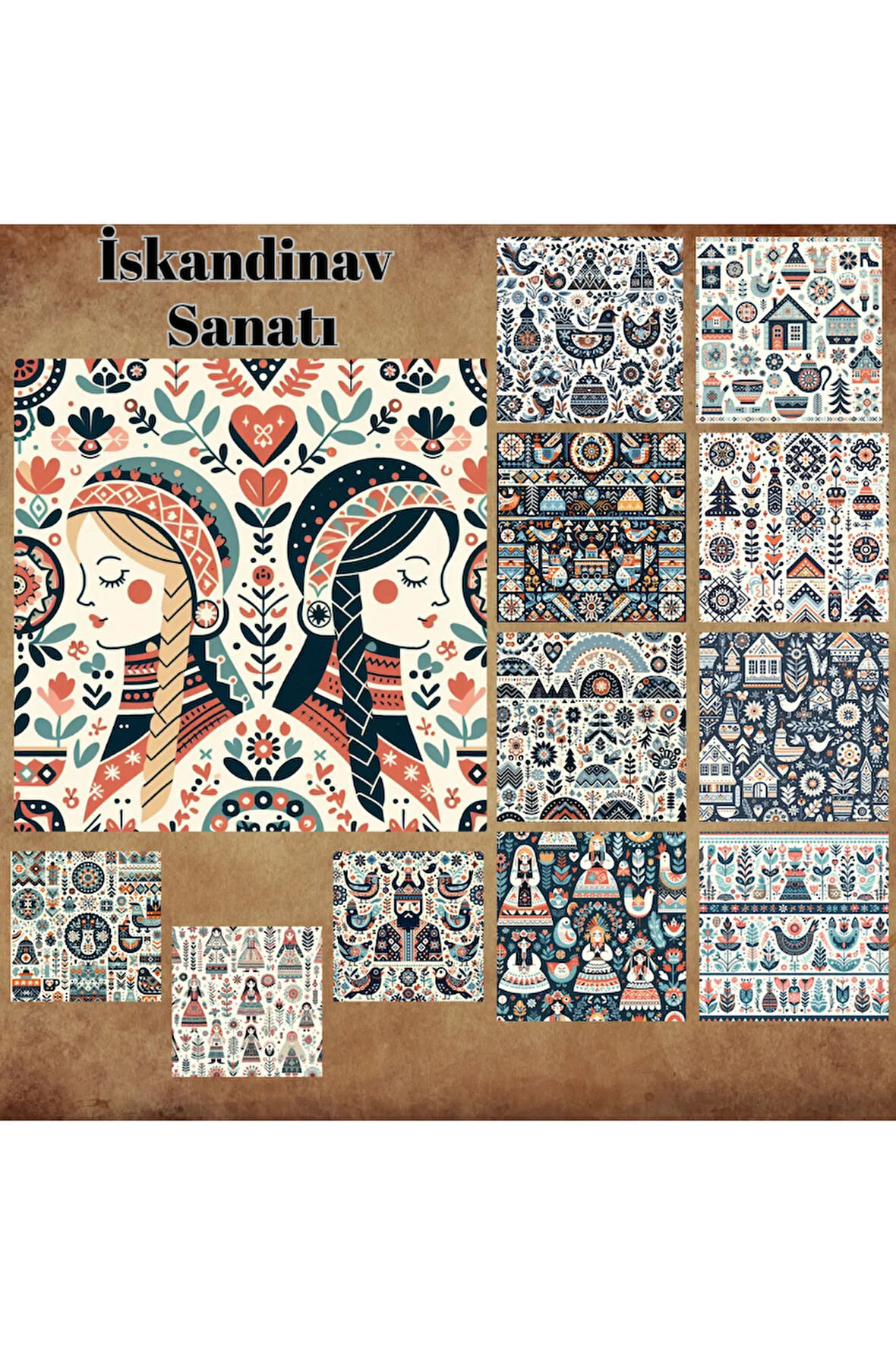 İskandinav Tarzı Halk Sanatı Vintage 12 Adet Scrapbook Bullet Journal Mat Planlı Sticker Etiket Set