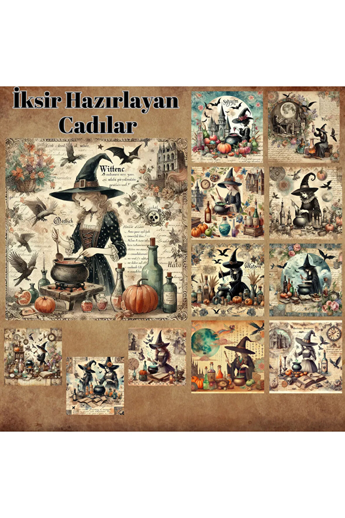 İksir Hazırlayan Cadılar Vintage 12 Adet Scrapbook Bullet Journal Mat Planlayıcı Sticker Etiket Seti