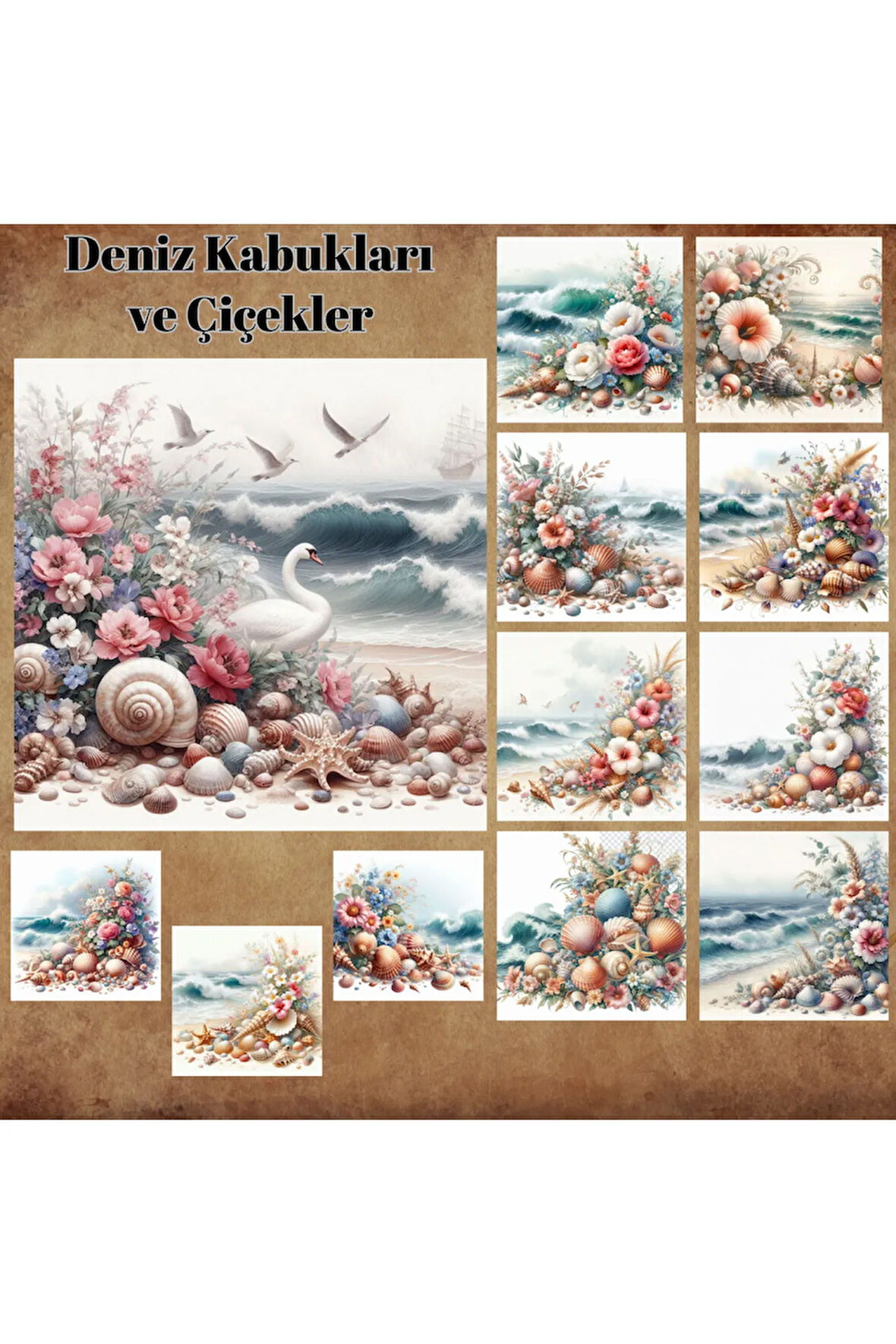 Deniz Kabukları ve Çiçekler Vintage 12 Adet Scrapbook Bullet Journal Mat Planlı Sticker Etiket Set