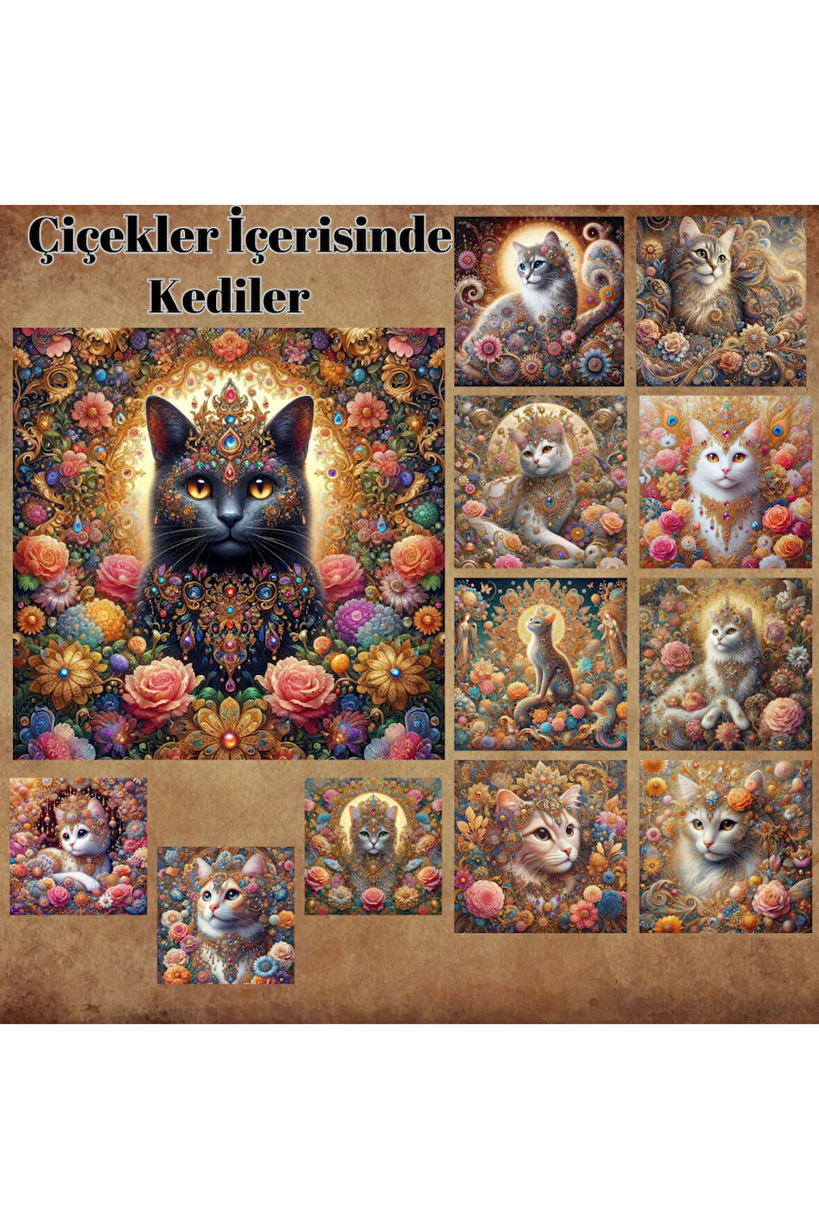 Çiçekler İçerisinde Kediler Vintage 12 Adet Scrapbook Bullet Journal Mat Planlı Sticker Etiket Seti