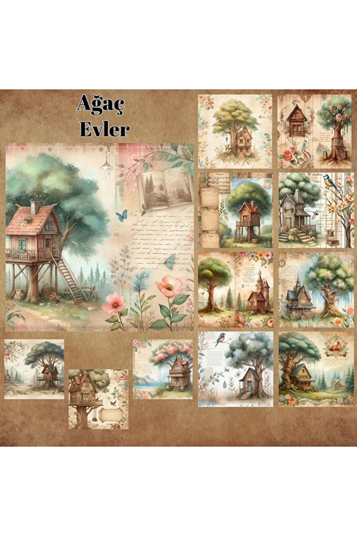 Ağaç Evler Vintage 12 Adet Scrapbook Bullet Journal Mat Planlayıcı Sticker Etiket Seti