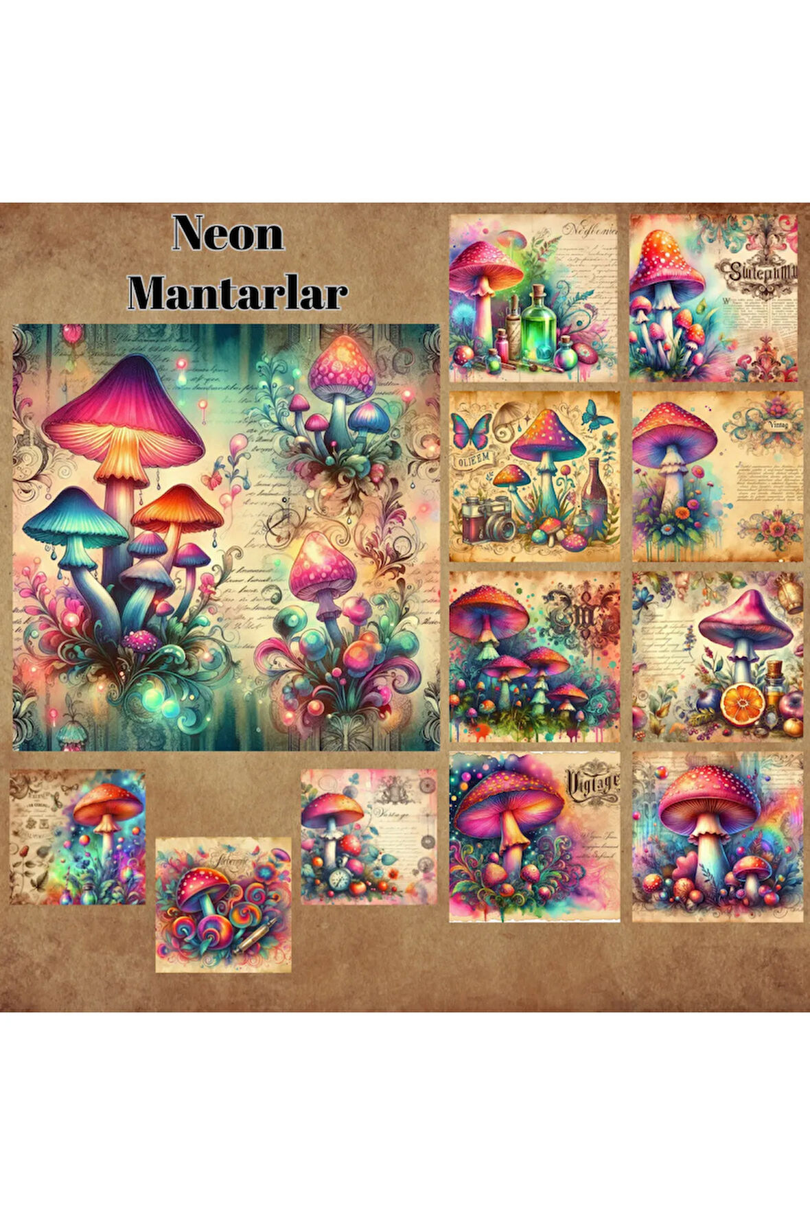 Neon Mantarlar Vintage 12 Adet Scrapbook Bullet Journal Mat Planlayıcı Sticker Etiket Seti