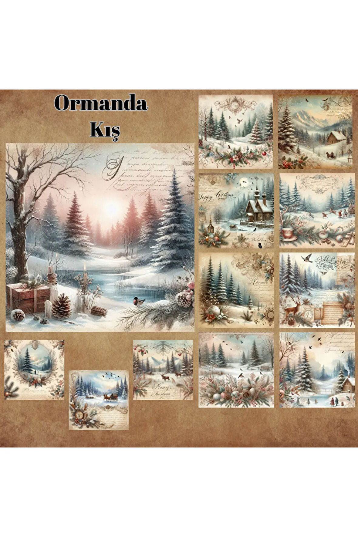 Ormanda Kış Vintage 12 Adet Scrapbook Bullet Journal Mat Planlayıcı Sticker Etiket Seti