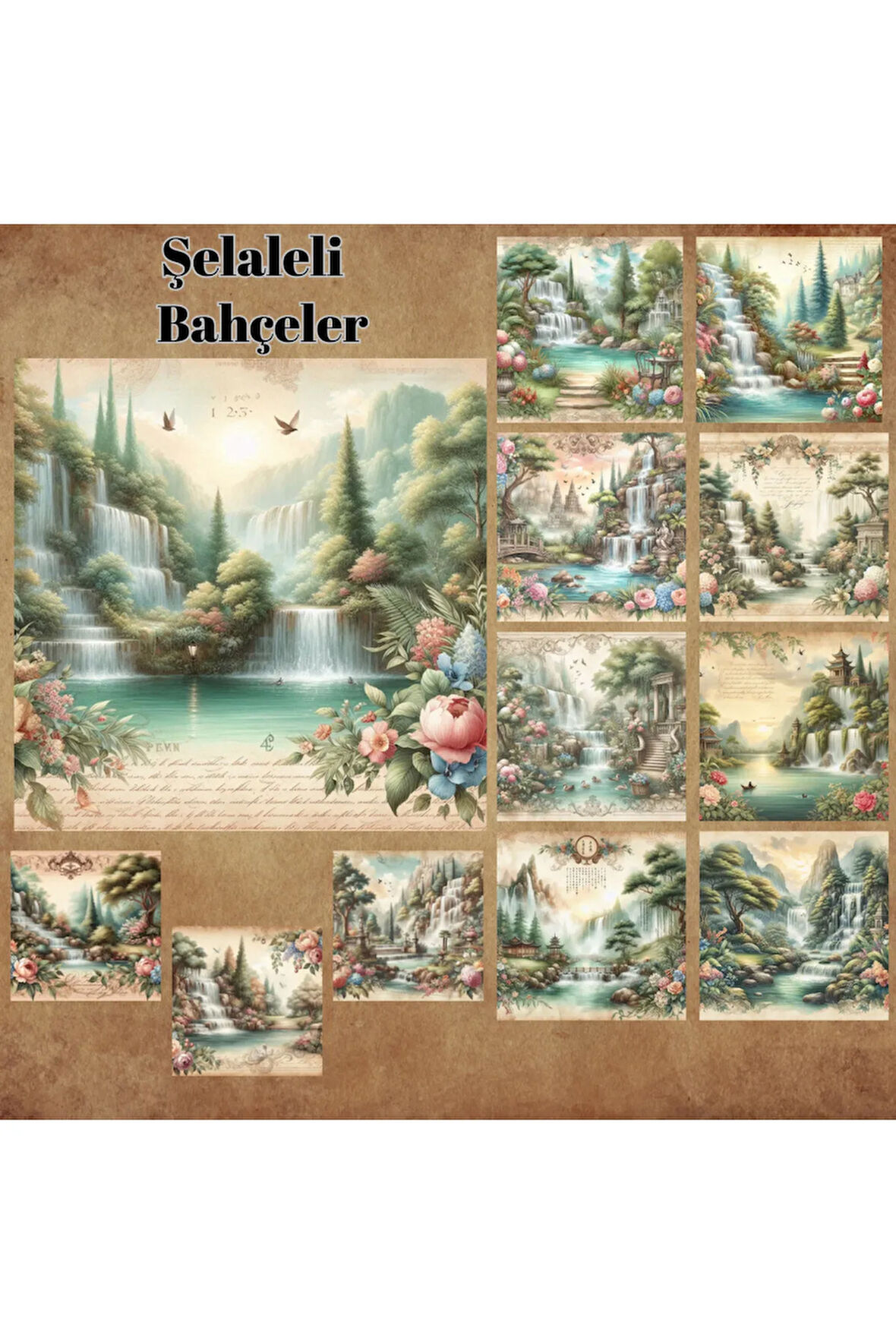 Şelaleli Bahçeler Vintage 12 Adet Scrapbook Bullet Journal Mat Planlayıcı Sticker Etiket Seti