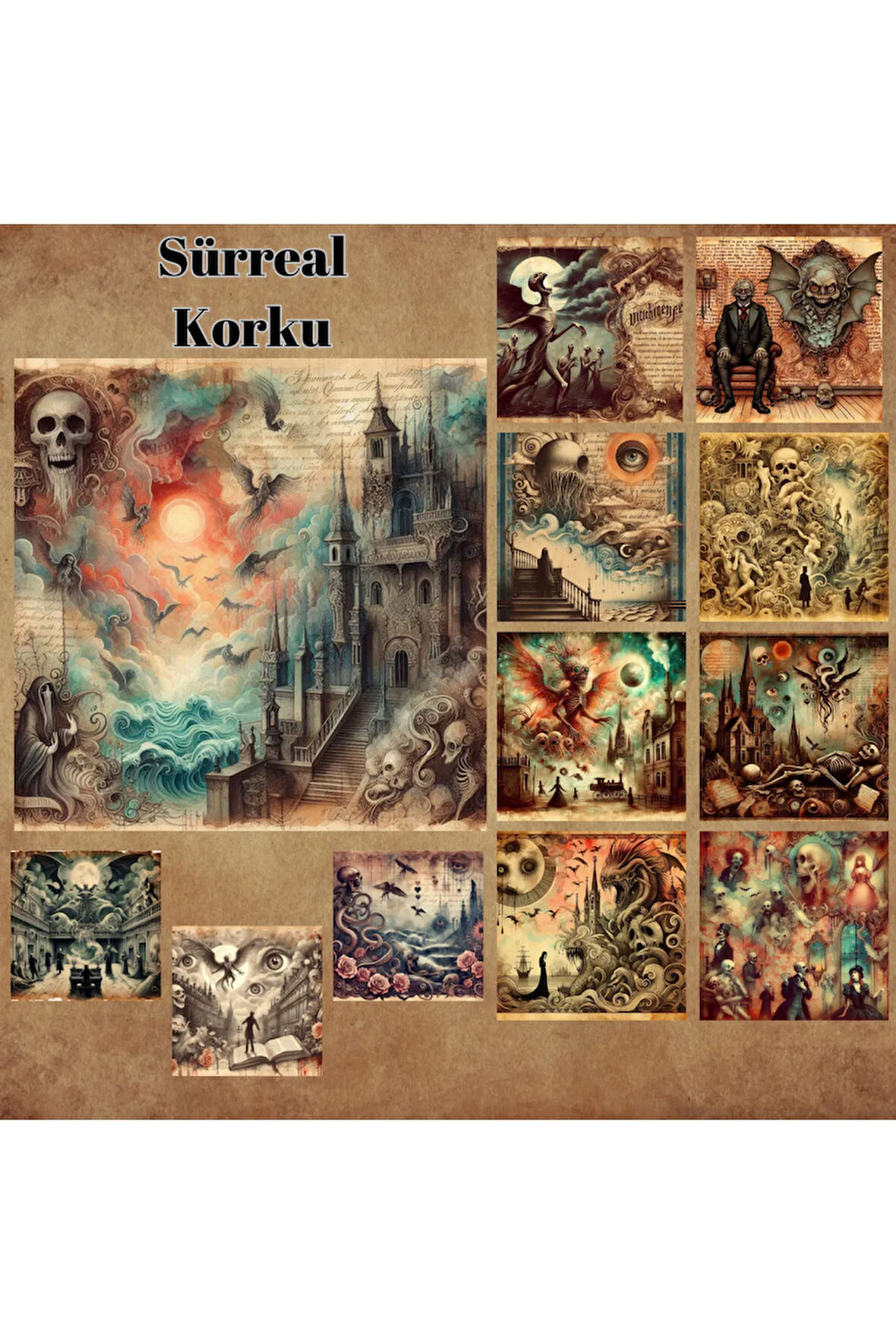 Sürreal Korku Temalı Vintage 12 Adet Scrapbook Bullet Journal Mat Planlayıcı Sticker Etiket Seti
