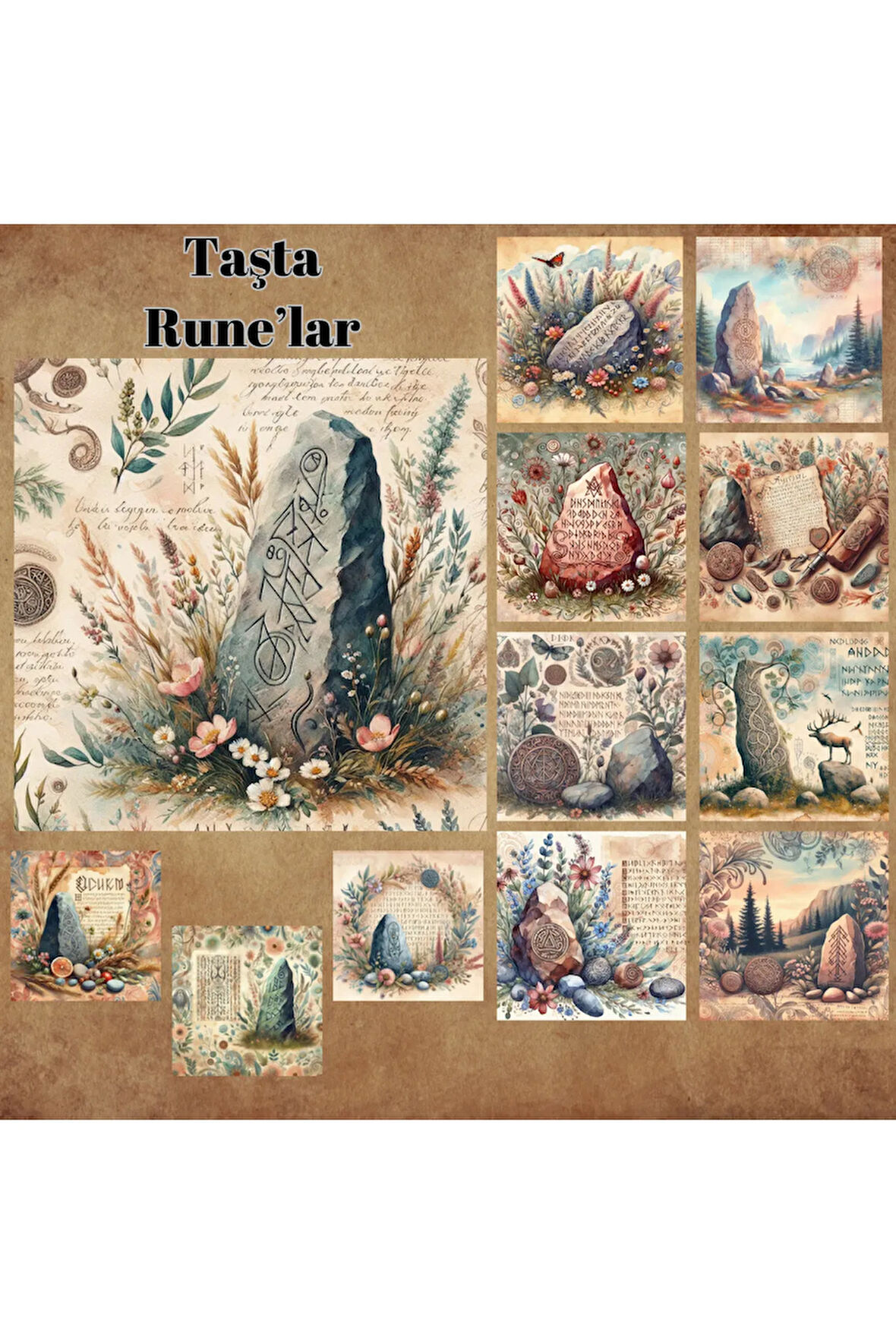 Rune Taşları Vintage 12 Adet Scrapbook Bullet Journal Mat Planlayıcı Sticker Etiket Seti