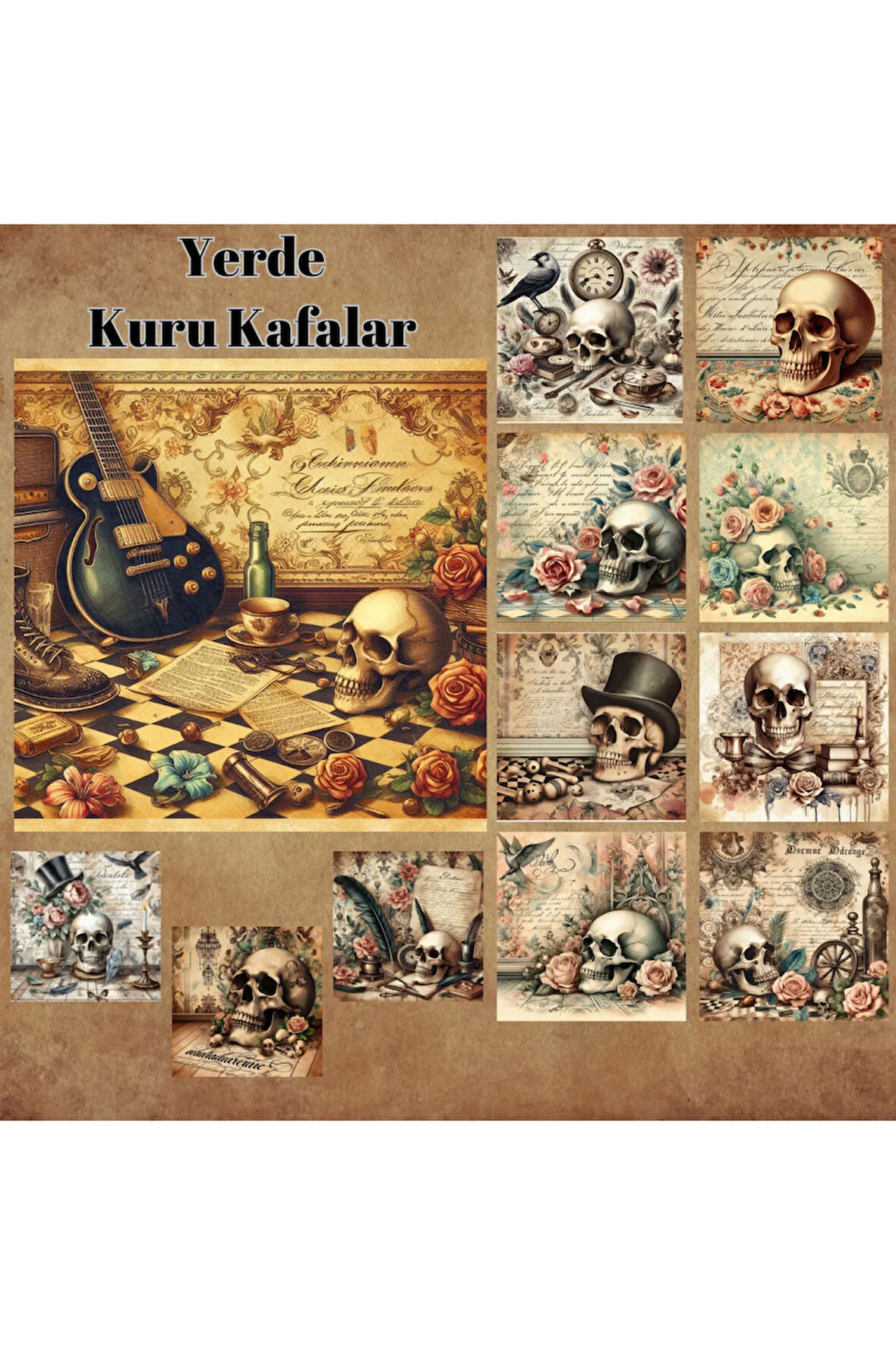 Yerde Kuru Kafalar Vintage 12 Adet Scrapbook Bullet Journal Mat Planlayıcı Sticker Etiket Seti