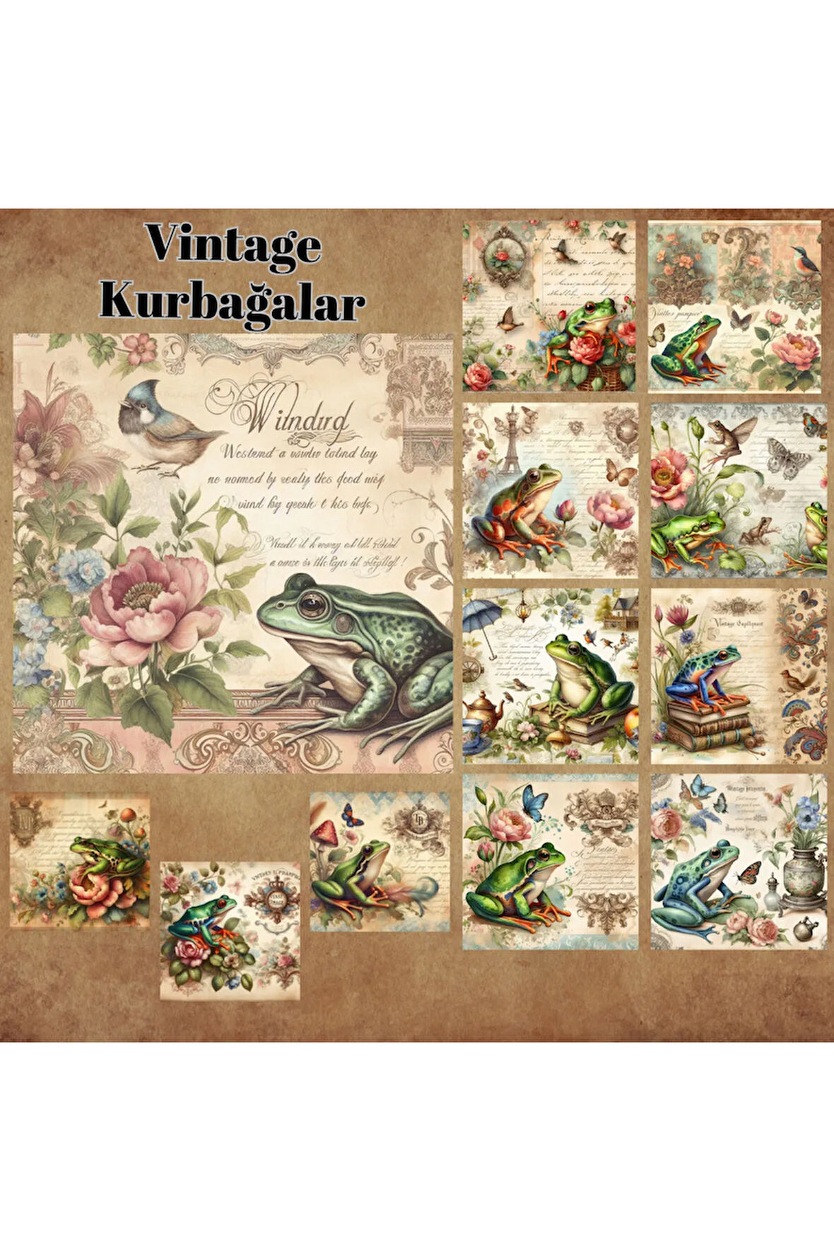 Kurbağalar Vintage 12 Adet Scrapbook Bullet Journal Mat Planlayıcı Sticker Etiket Seti