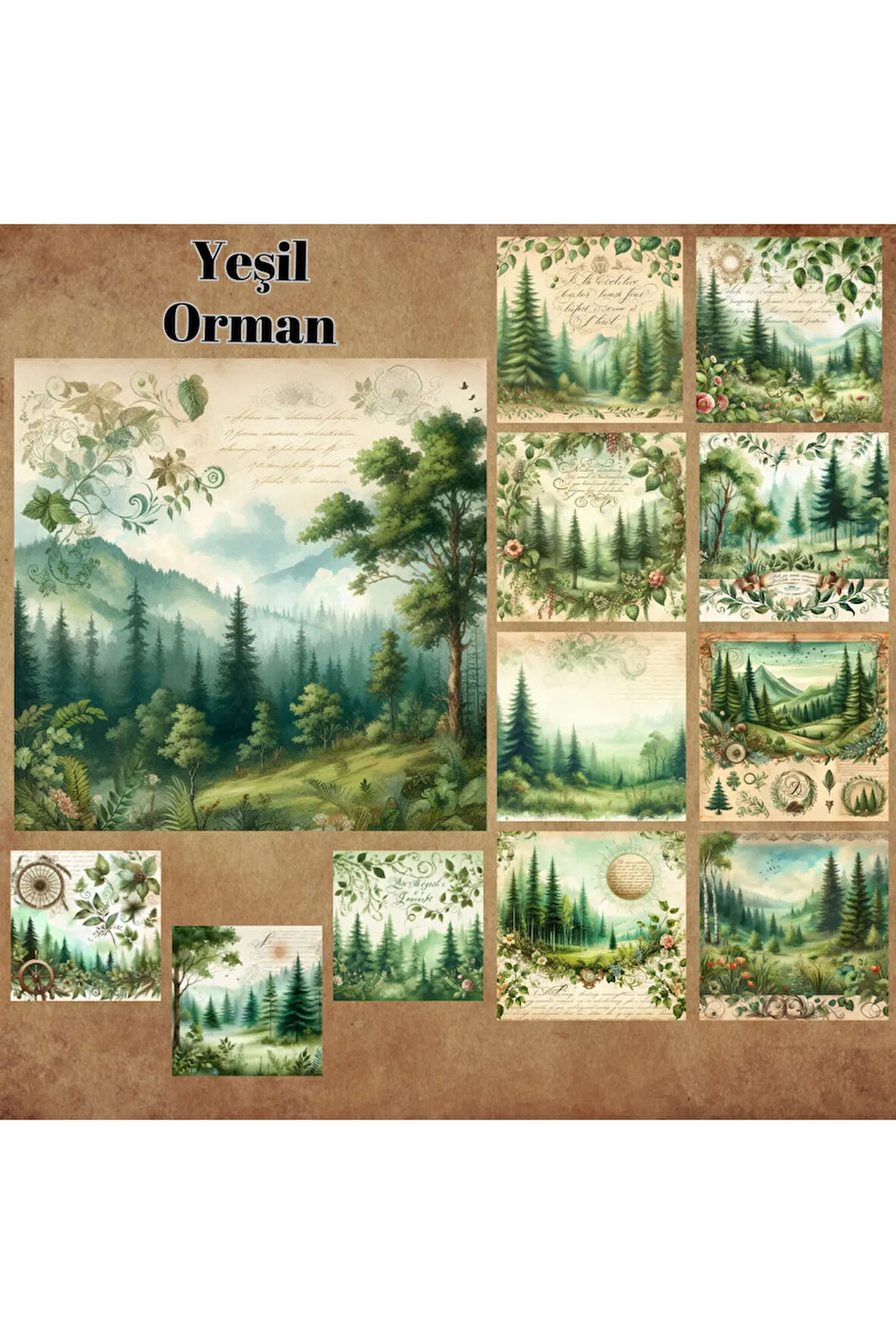 Yeşil Ormanlar Vintage 12 Adet Scrapbook Bullet Journal Mat Planlayıcı Sticker Etiket Seti