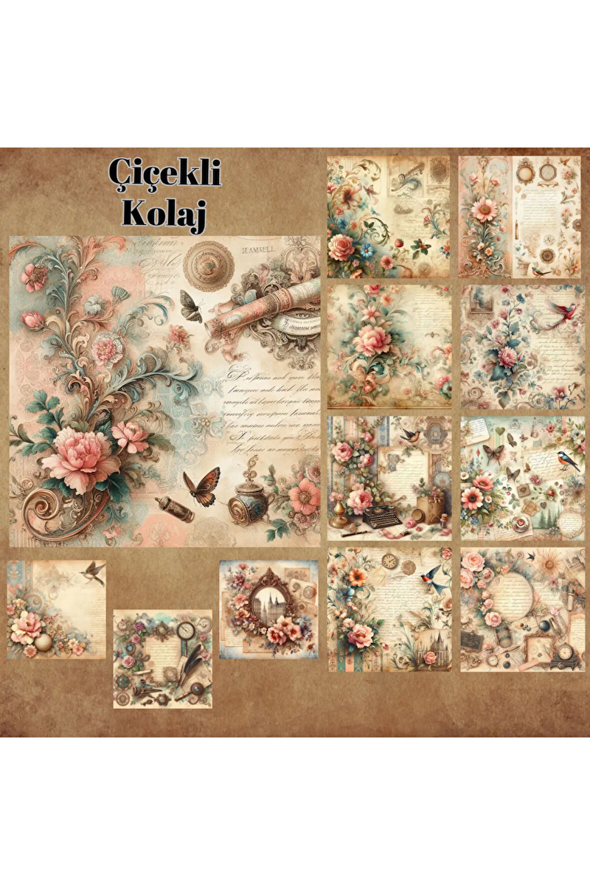 Çiçekli Kolaj Vintage 12 Adet Scrapbook Bullet Journal Mat Planlayıcı Sticker Etiket Seti