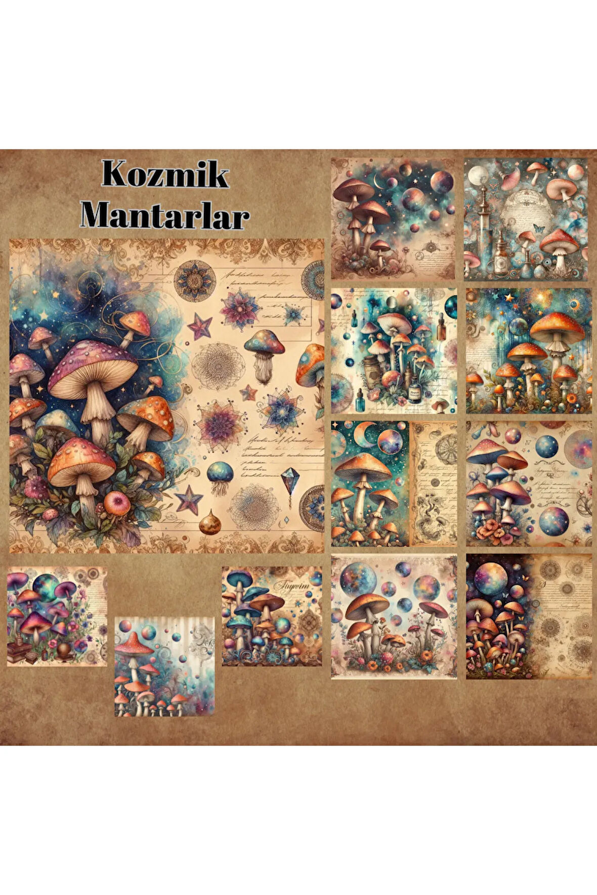 Kozmik Mantarlar Vintage 12 Adet Scrapbook Bullet Journal Mat Planlayıcı Sticker Etiket Seti