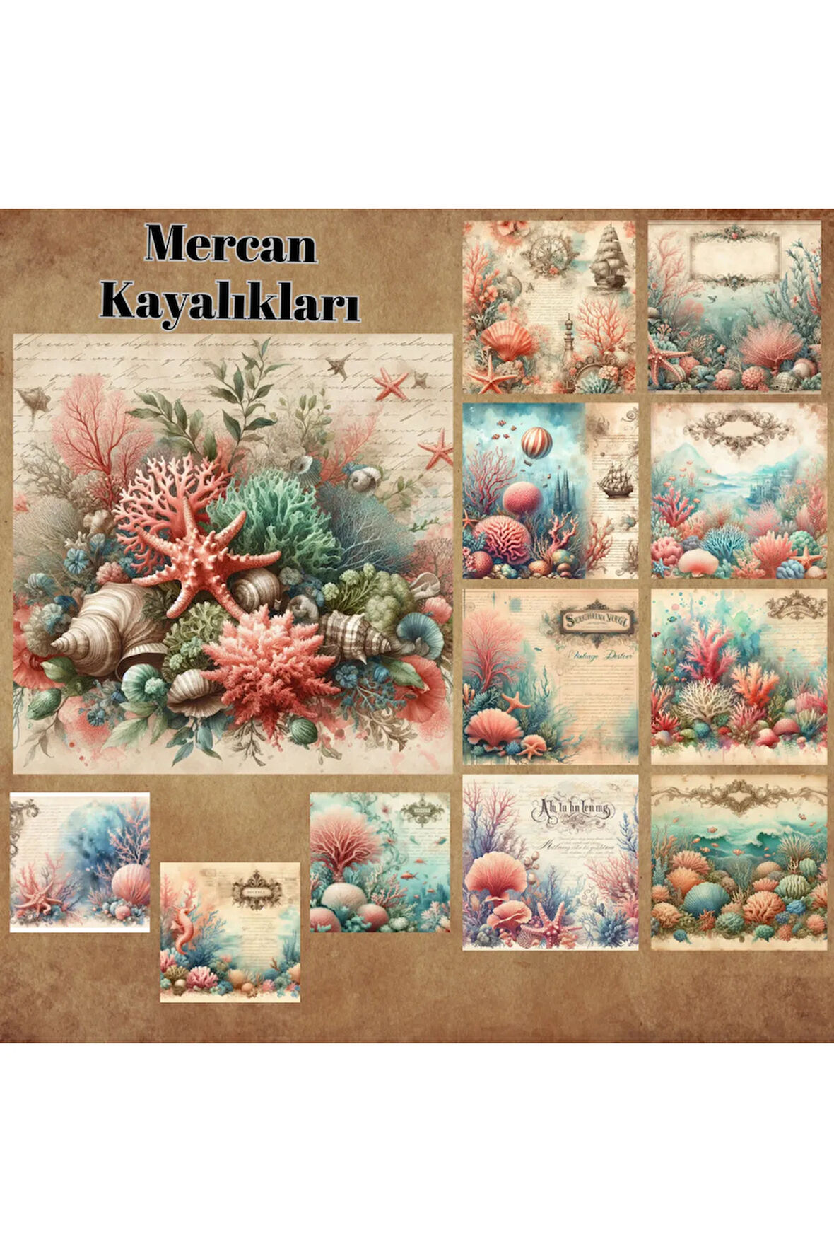 Mercan Kayalıkları Vintage 12 Adet Scrapbook Bullet Journal Mat Planlayıcı Sticker Etiket Seti