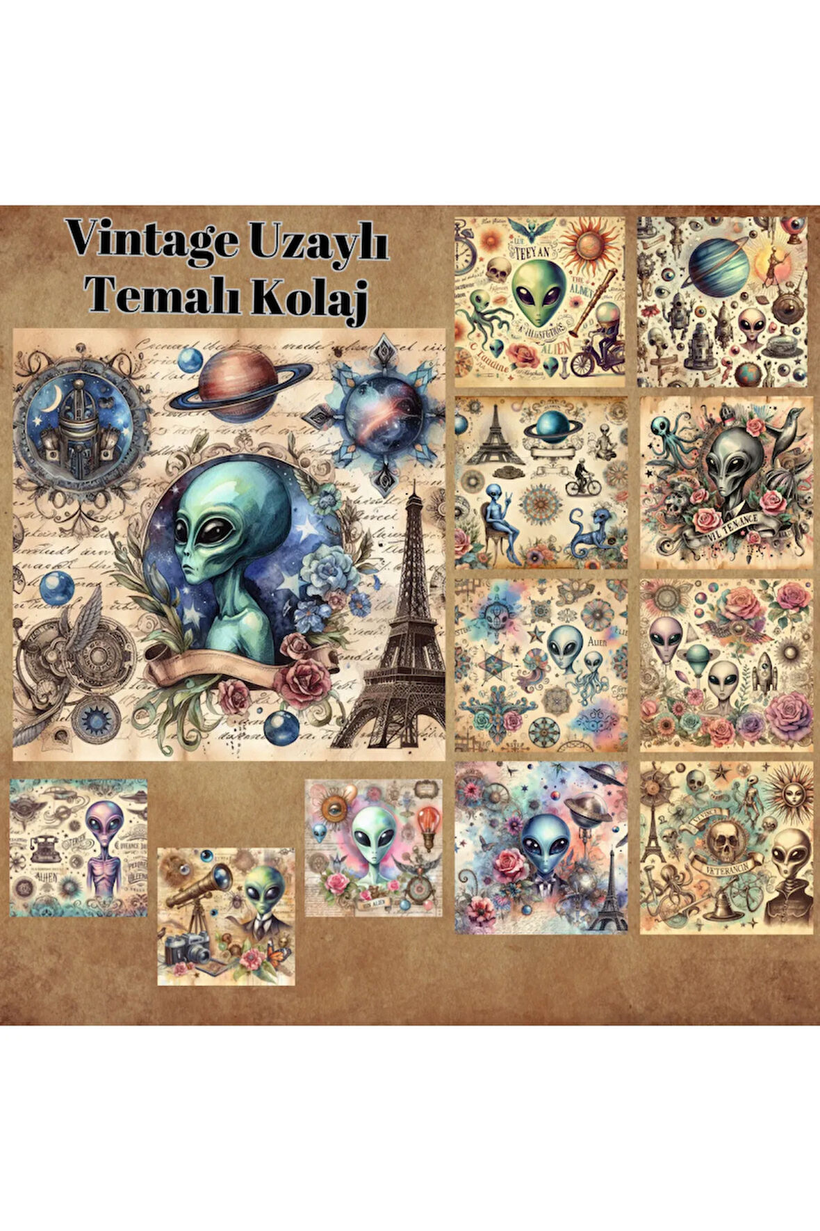 Uzaylı Temalı Vintage 12 Adet Scrapbook Bullet Journal Mat Planlayıcı Sticker Etiket Seti