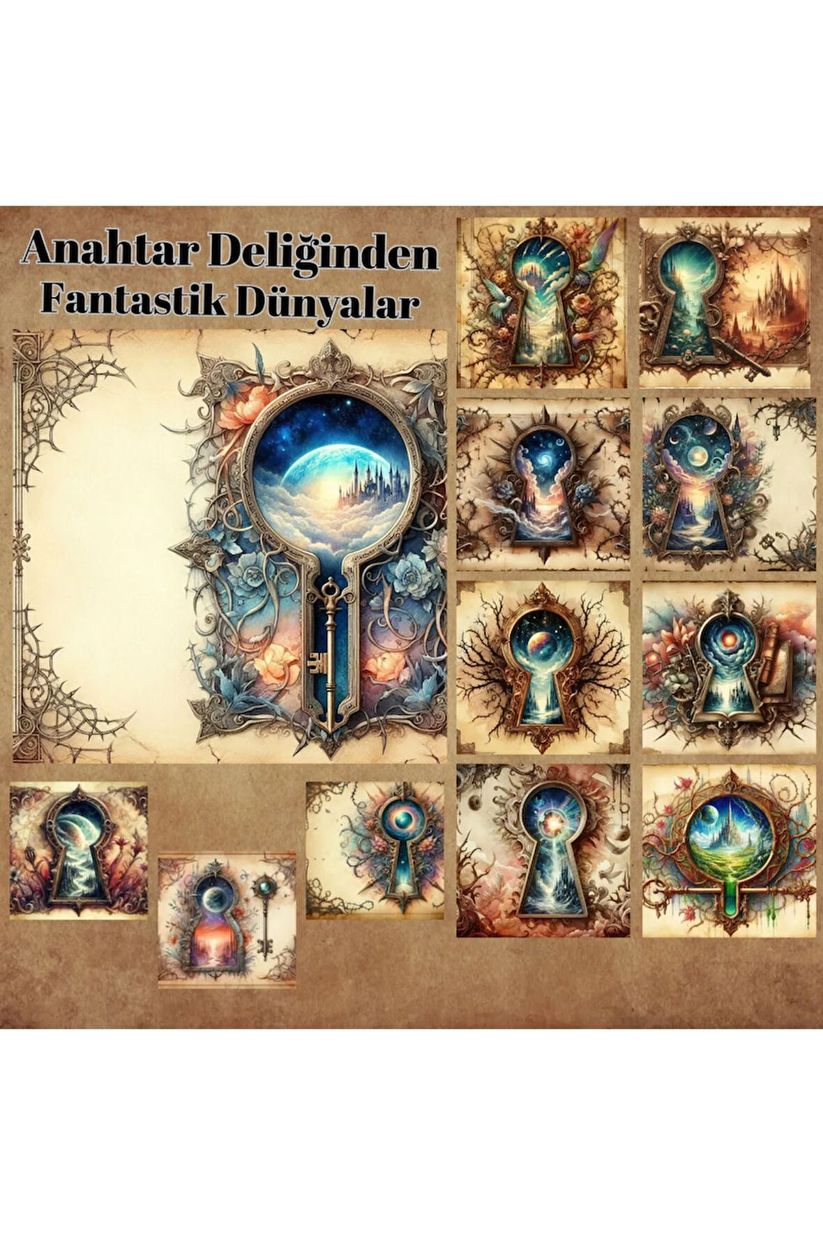 Anahtar Deliğinden Fantastik Dünyalar Vintage 12 Tane Scrapbook Bullet Journal Mat Planlama Etiket