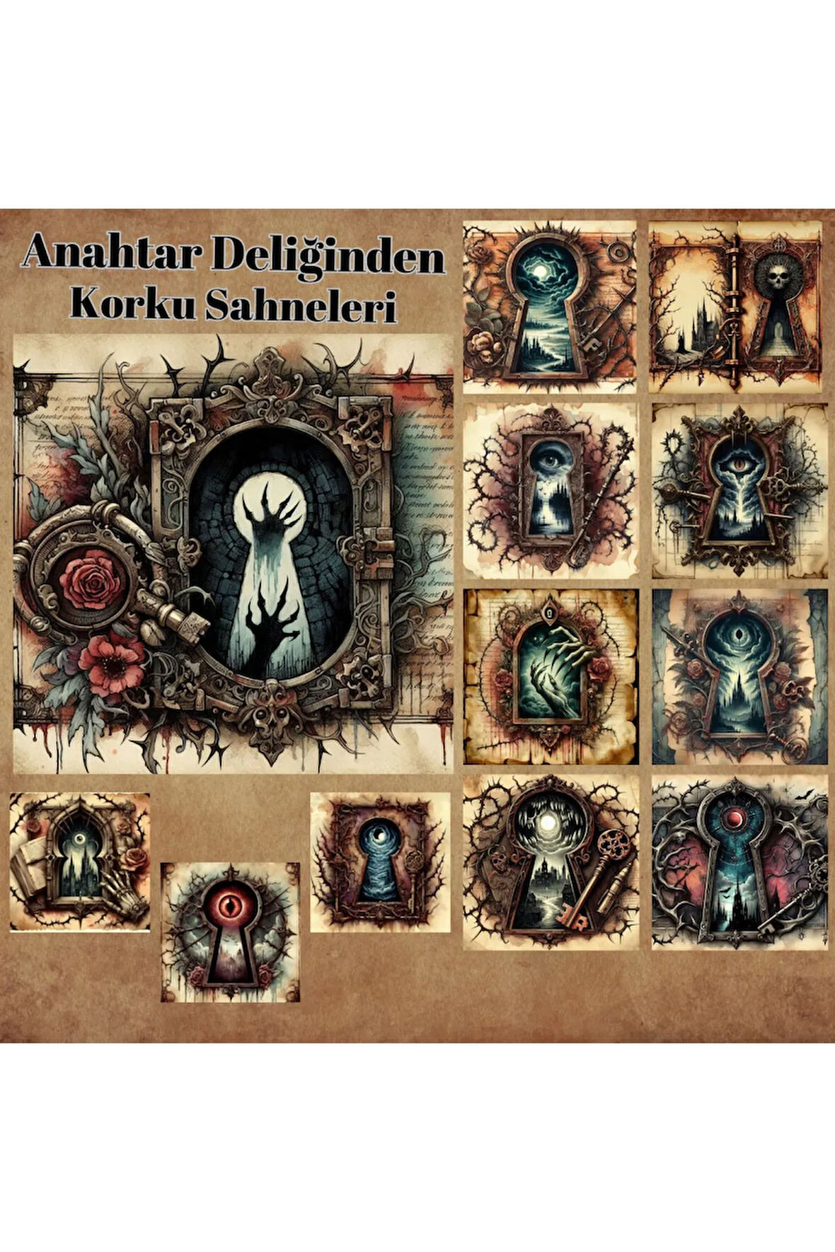 Anahtar Deliğinden Korku Manzaraları Vintage 12 Adet Scrapbook Bullet Journal Mat Planlayıcı Sticker