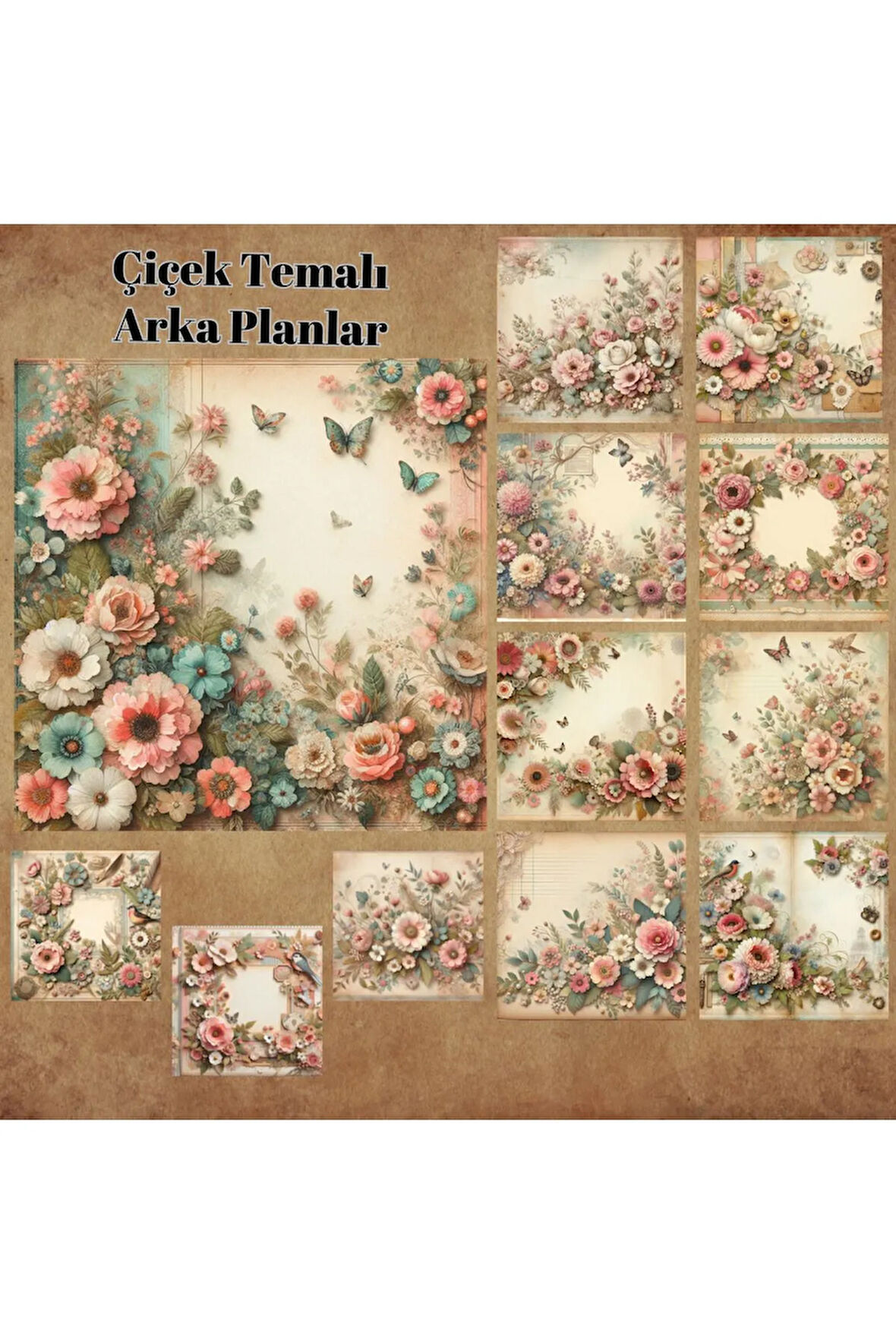 Çiçek Temalı Arka Plan Vintage 12 Adet Scrapbook Bullet Journal Mat Planlayıcı Sticker Etiket Seti