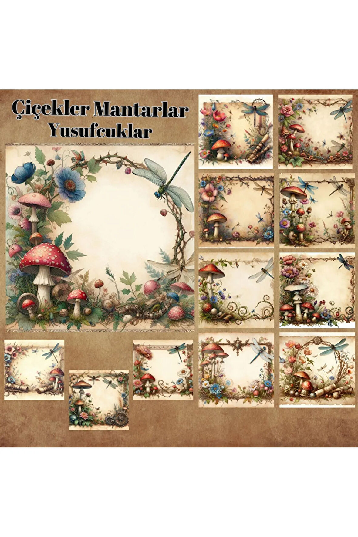 Çiçekler Mantarlar ve Yusufçuklar Vintage 12 Adet Scrapbook Bullet Journal Mat Planlayıcı Sticker