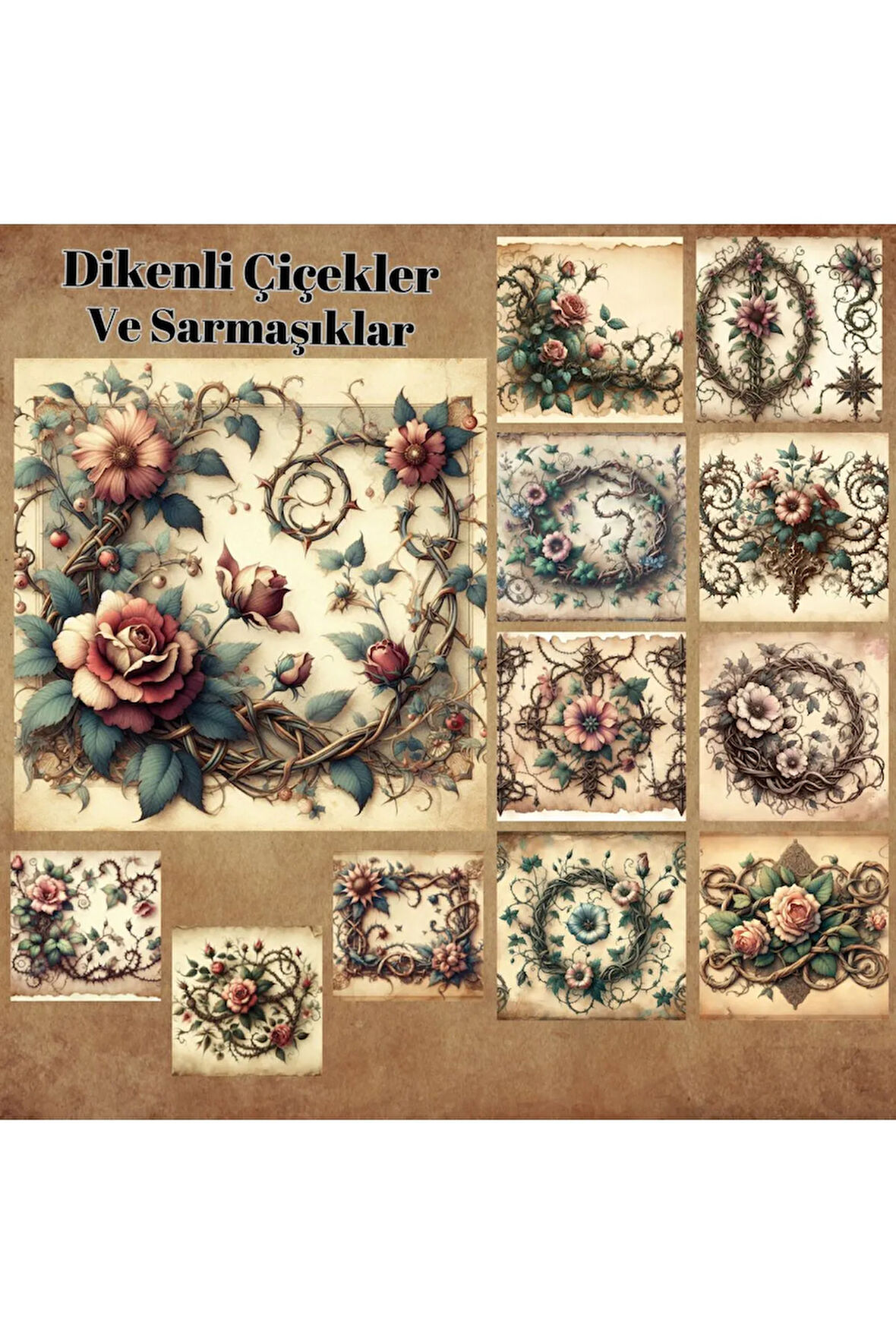 Dikenli Çiçekler ve Sarmaşıklar Vintage 12 Adet Scrapbook Bullet Journal Mat Planlayıcı Sticker