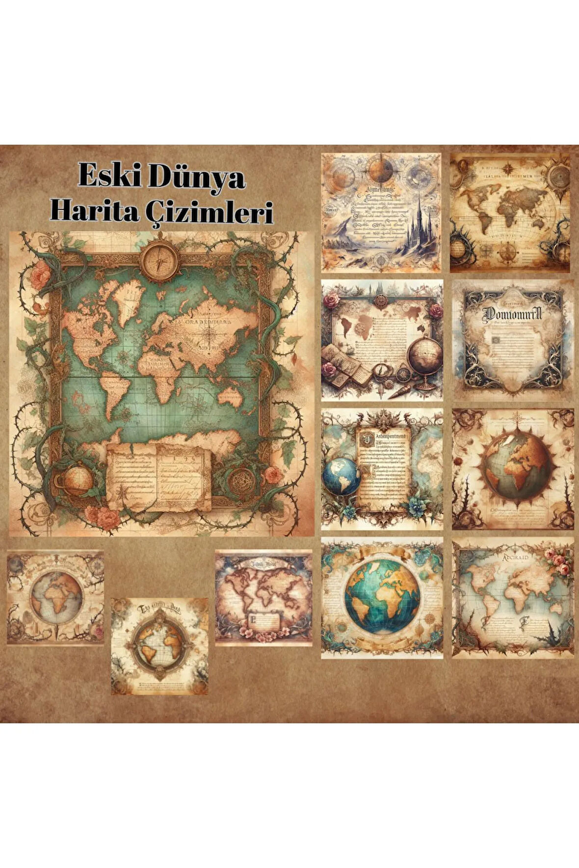 Eski Dünya Haritaları Vintage 12 Adet Scrapbook Bullet Journal Mat Planlayıcı Sticker Etiket Seti