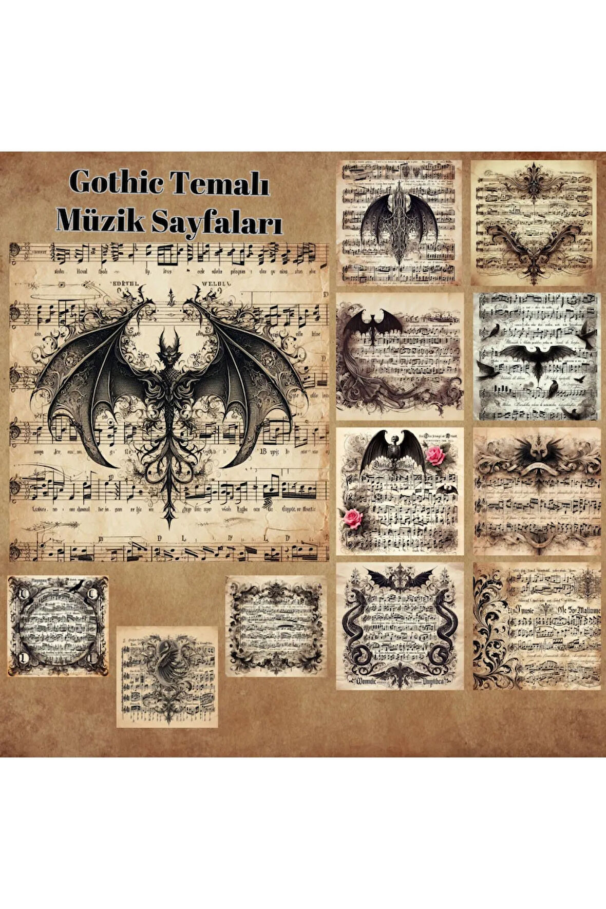 Gothic Temalı Müzik Kağıtları Vintage 12 Adet Scrapbook Bullet Journal Mat Planlayıcı Sticker Etiket
