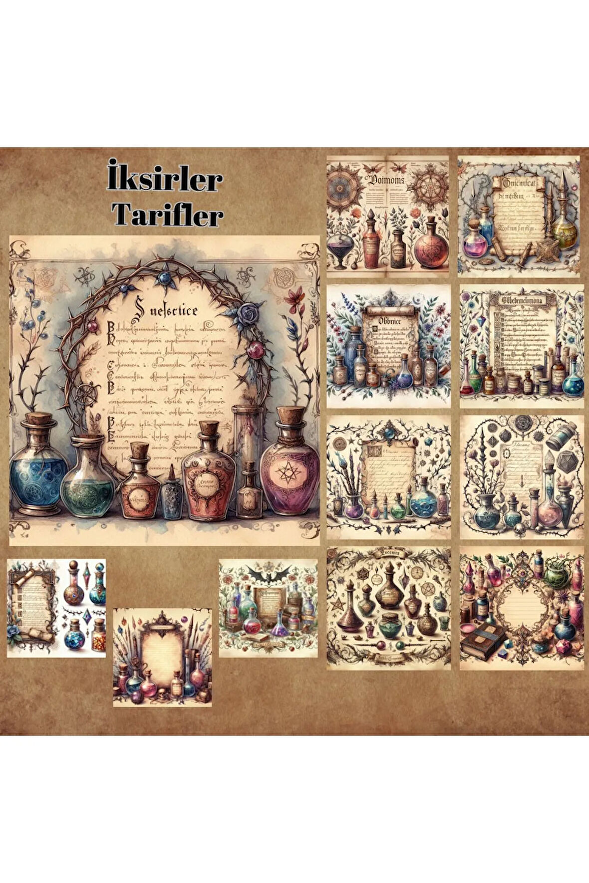 İksirler ve Tarifler Vintage 12 Adet Scrapbook Bullet Journal Mat Planlayıcı Sticker Etiket Seti