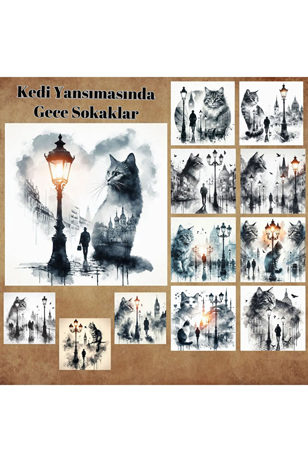 Kedi Yansıması Olan Sokaklar Vintage 12 Adet Scrapbook Bullet Journal Mat Planlayıcı Sticker