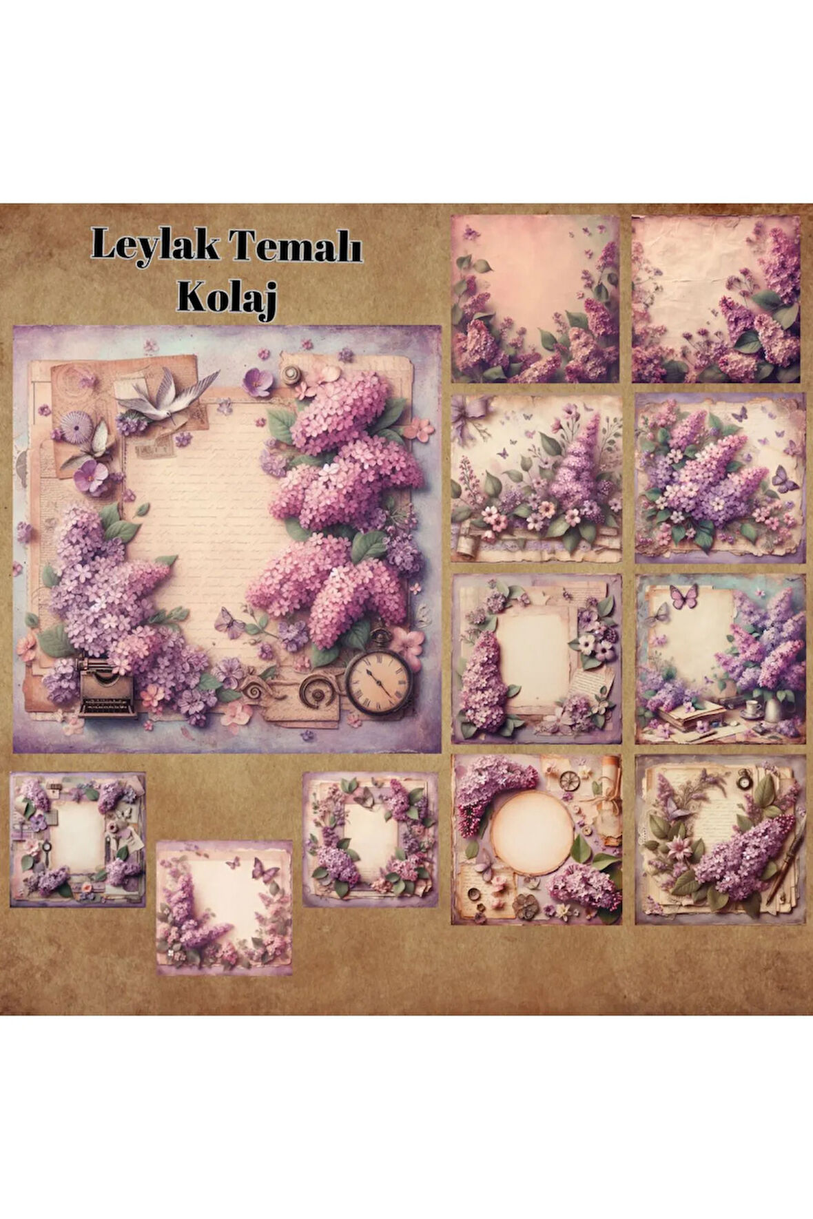 Leylak Temalı Kolaj Vintage 12 Adet Scrapbook Bullet Journal Mat Planlayıcı Sticker Etiket Seti