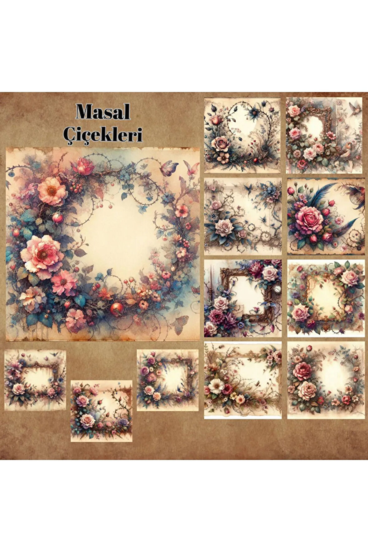Masal Çiçekleri Vintage 12 Adet Scrapbook Bullet Journal Mat Planlayıcı Sticker Etiket Seti