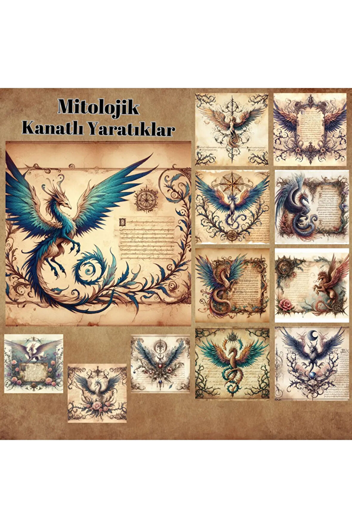 Mitolojik Kanatlı Yaratıklar Vintage 12 Adet Scrapbook Bullet Journal Mat Planlayıcı Sticker Etiket